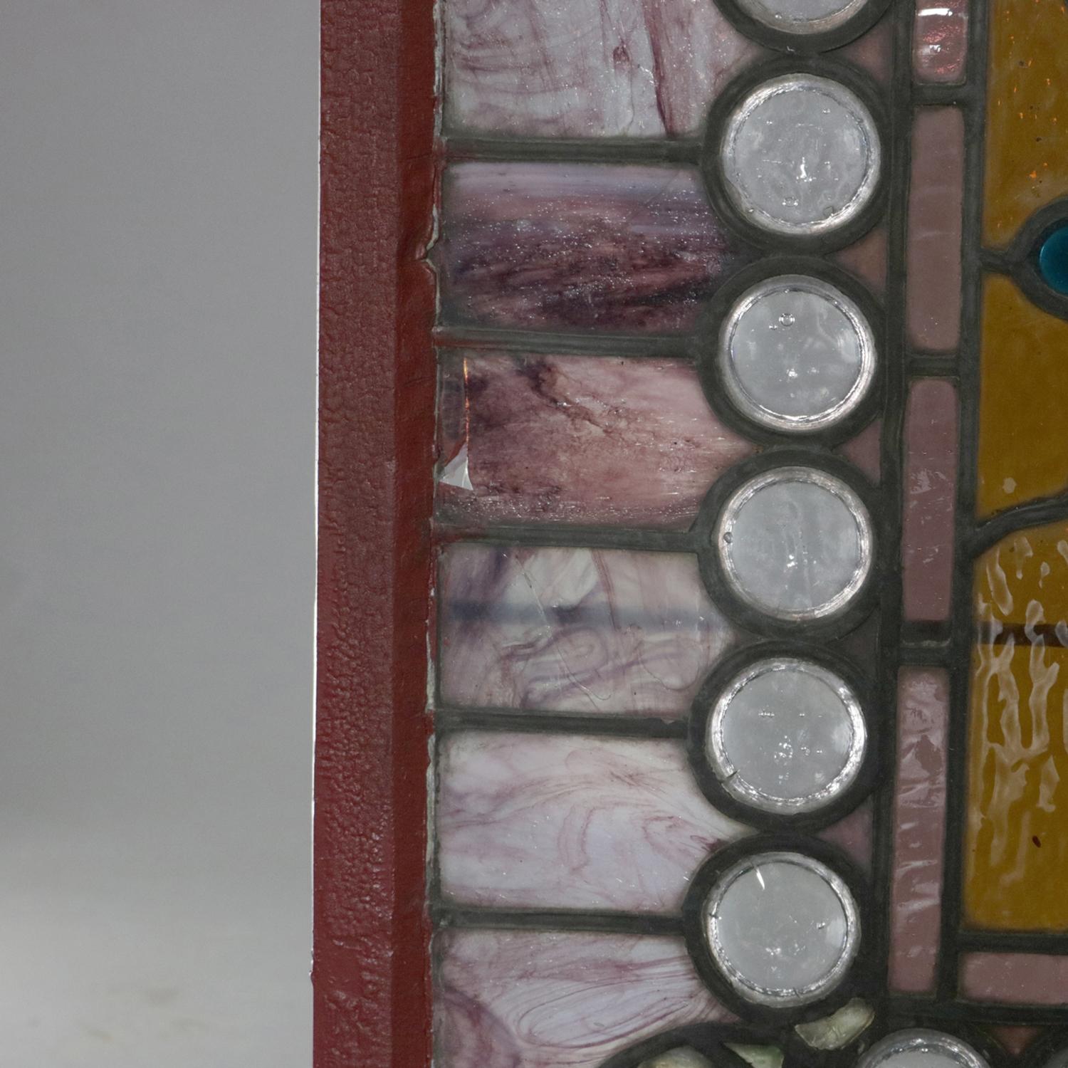 Antique Arts & Crafts Stylized Foliate Leaded Jewel and Slag Glass Windows 9