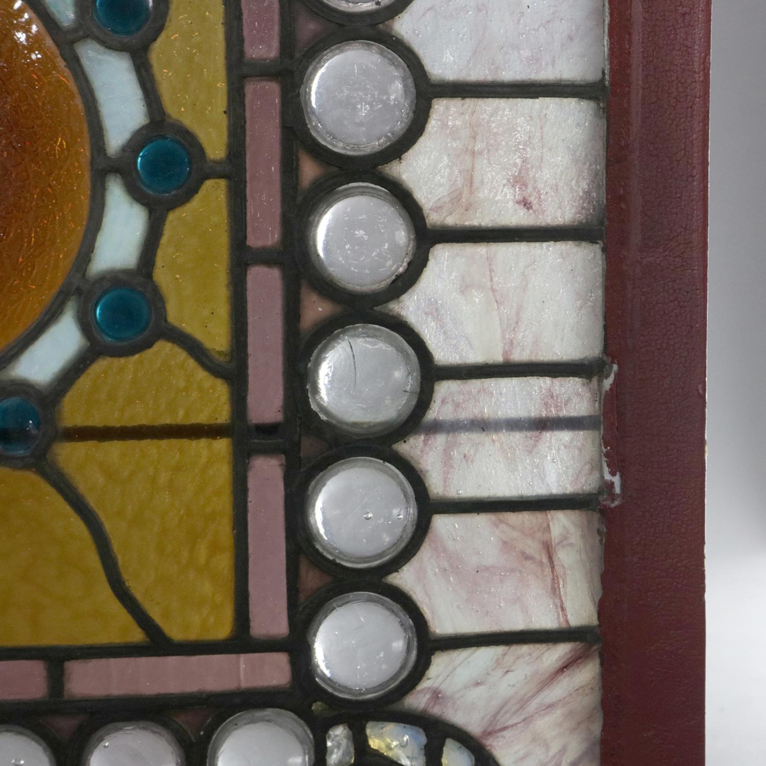 Antique Arts & Crafts Stylized Foliate Leaded Jewel and Slag Glass Windows 10