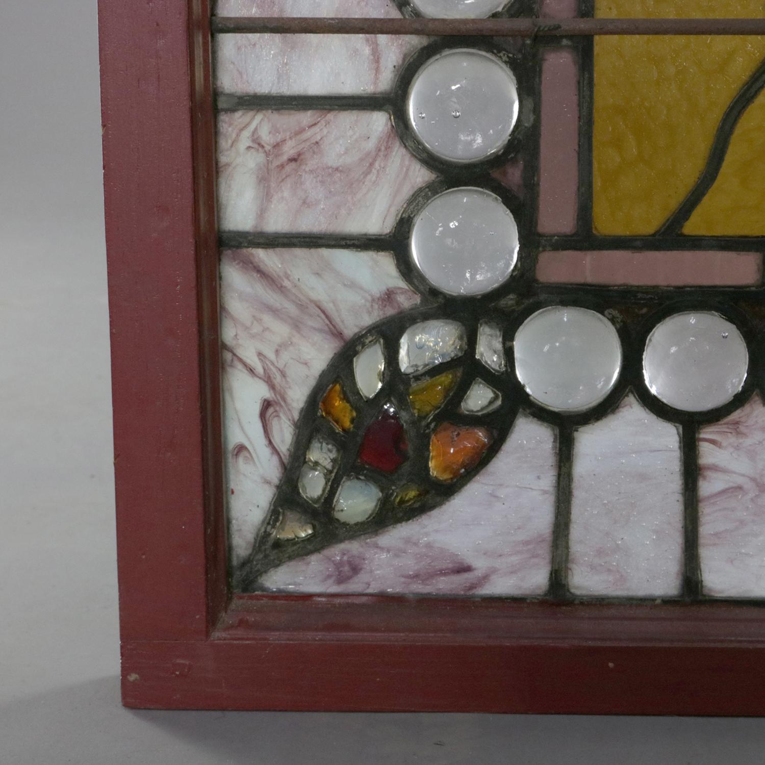 Antique Arts & Crafts Stylized Foliate Leaded Jewel and Slag Glass Windows 12