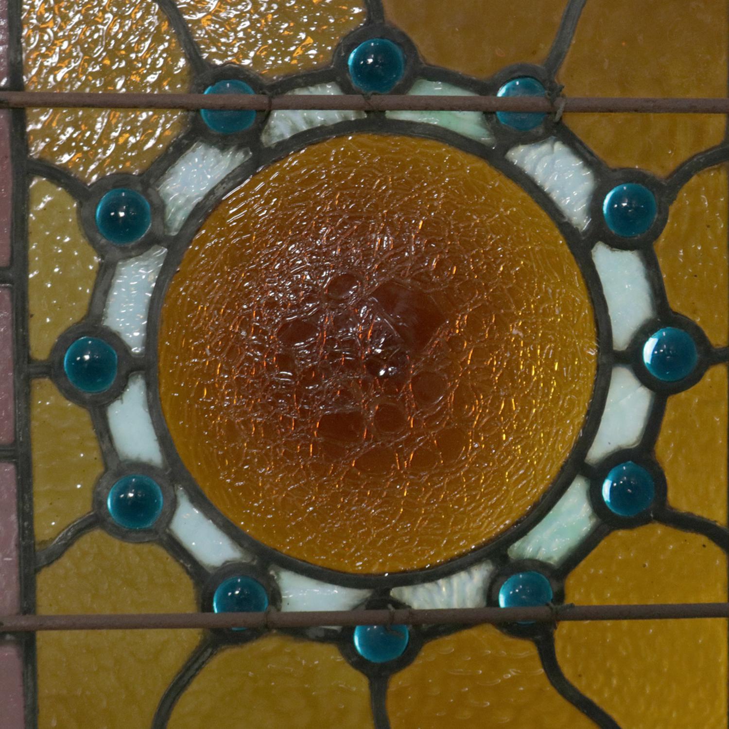 Antique Arts & Crafts Stylized Foliate Leaded Jewel and Slag Glass Windows 13