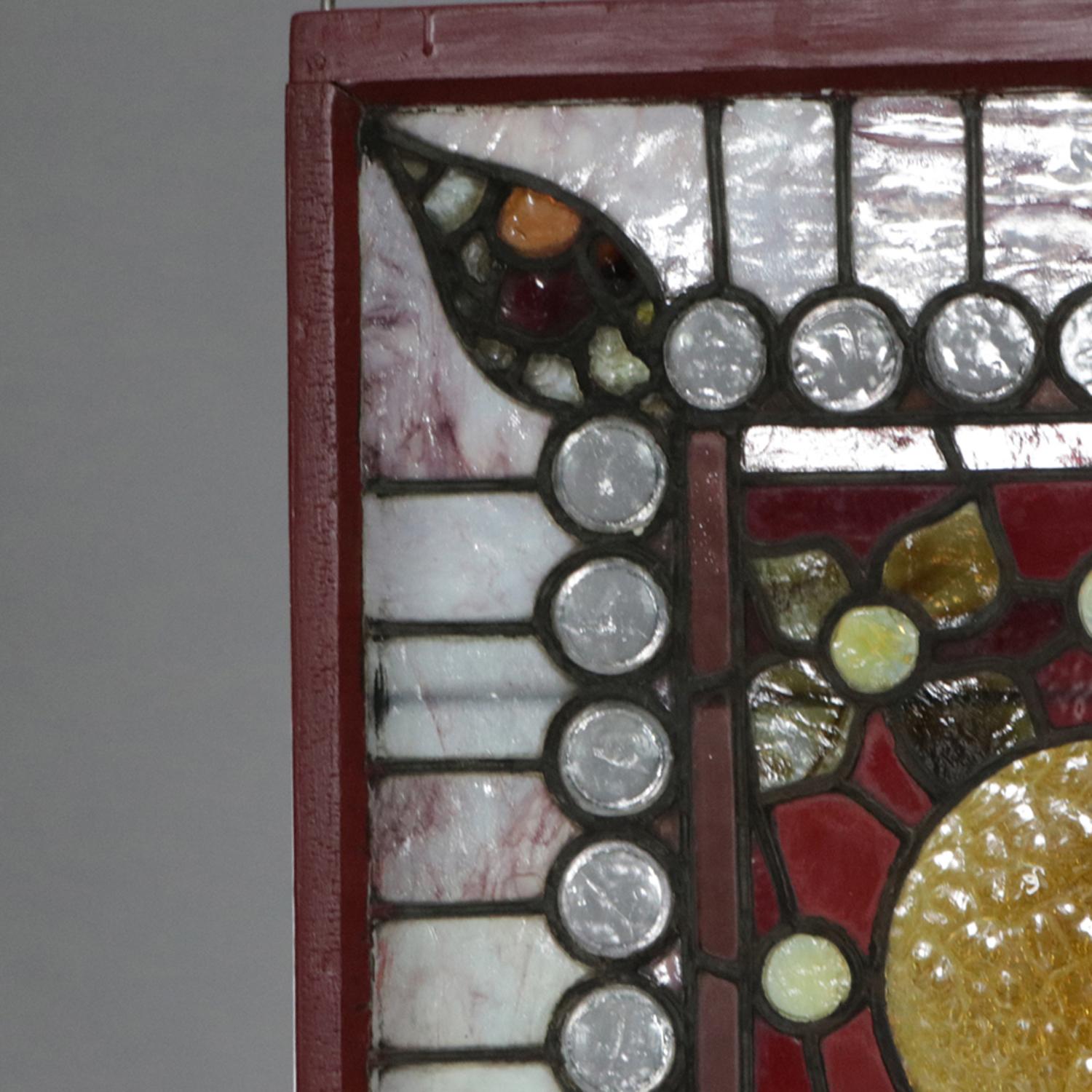 American Antique Arts & Crafts Stylized Foliate Leaded Jewel and Slag Glass Windows
