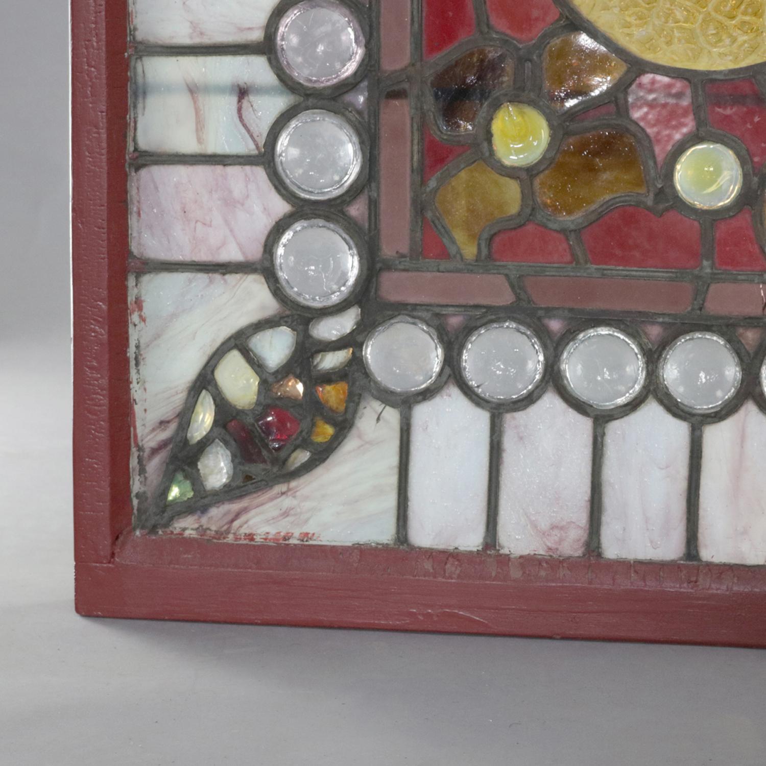 19th Century Antique Arts & Crafts Stylized Foliate Leaded Jewel and Slag Glass Windows