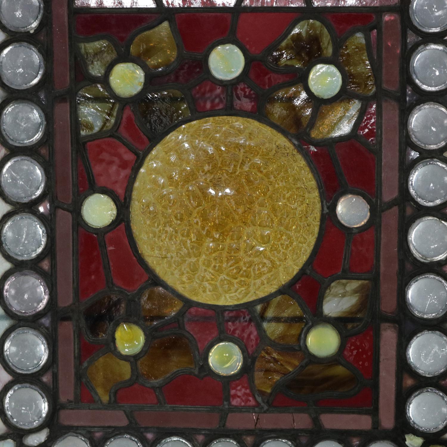 Antique Arts & Crafts Stylized Foliate Leaded Jewel and Slag Glass Windows 1