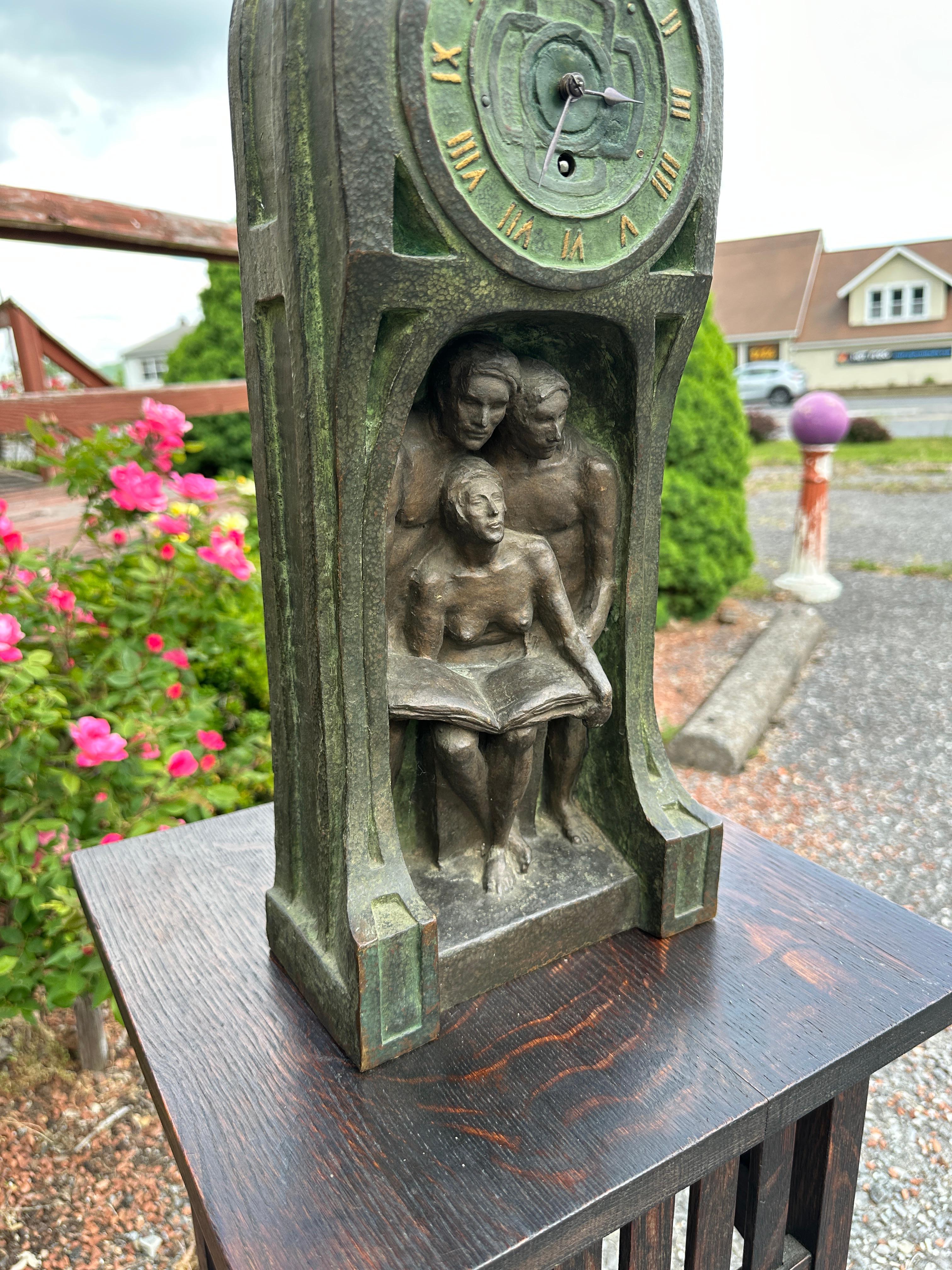 This is an antique Arts & Crafts Secessionist Mantle Clock c. 1899. In art history, secession refers to a historic break between a group of avant-garde artists and conservative European standard-bearers of academic and official art in the late 19th