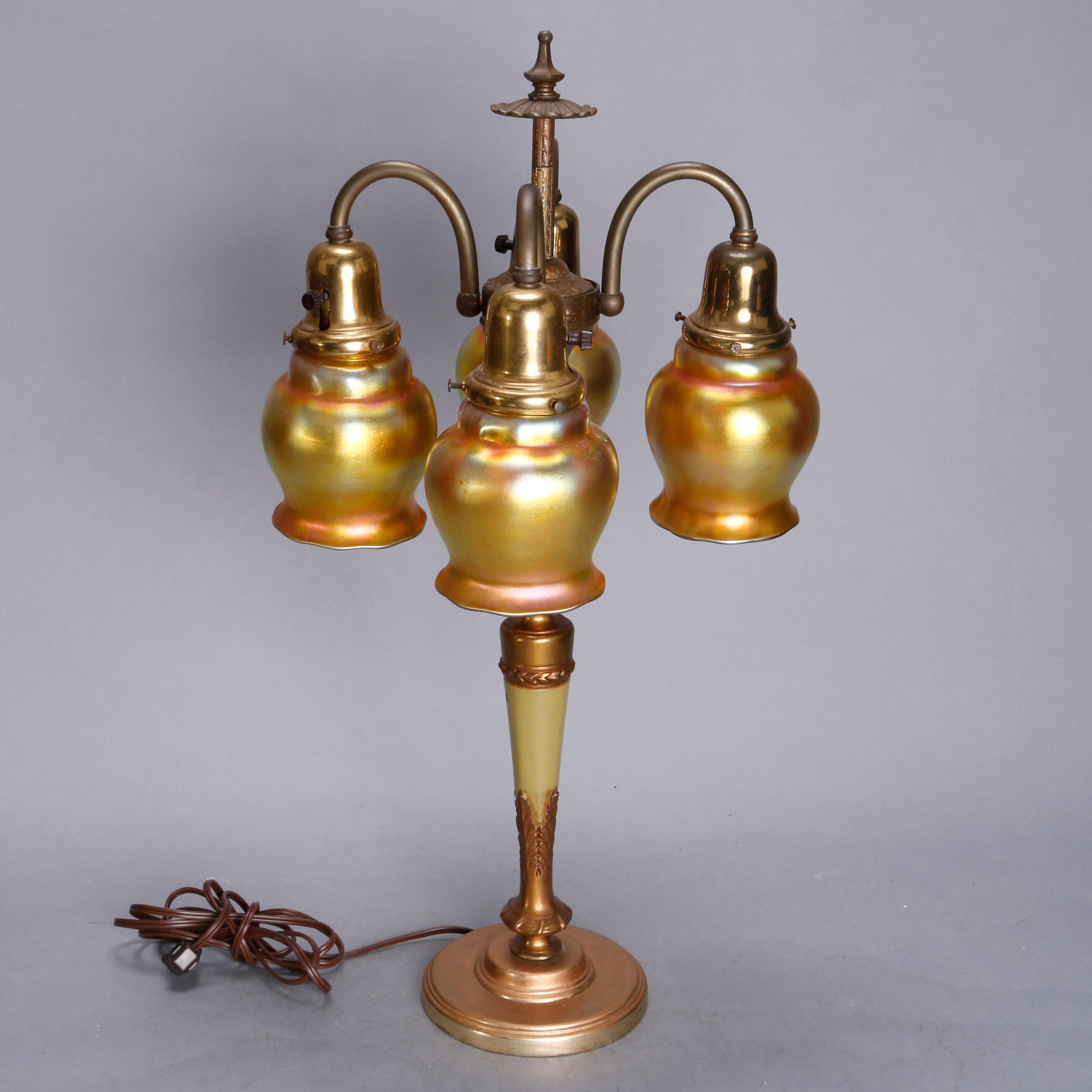 Antique Arts & Crafts Table Lamp with Gold Aurene Steuben Art Glass Shades 10