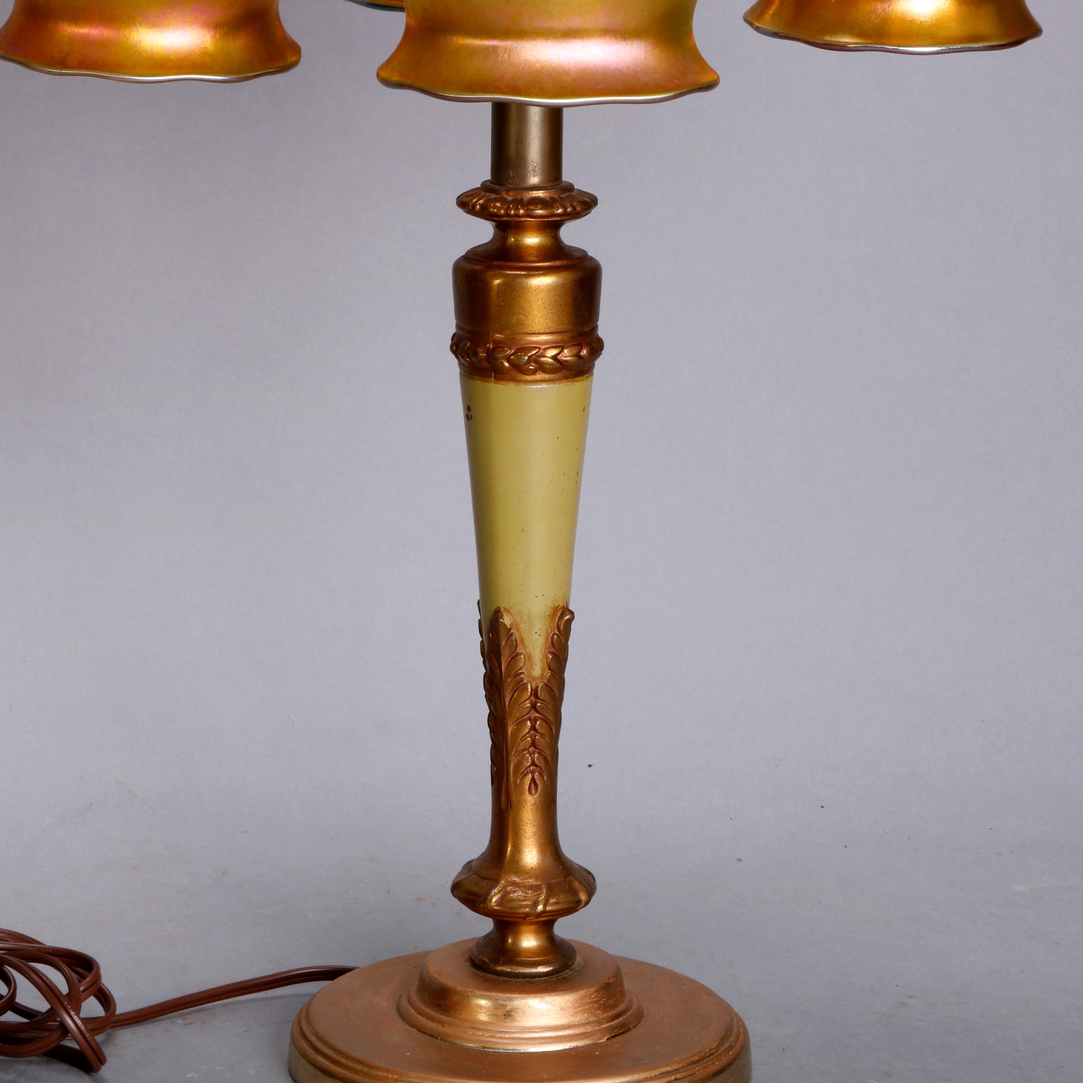 American Antique Arts & Crafts Table Lamp with Gold Aurene Steuben Art Glass Shades