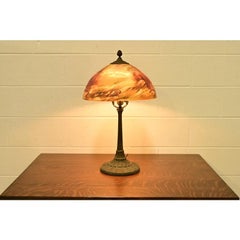 Antique Arts & Crafts Table Lamp With Painted Glass Landscape Scene Shade, 1920s