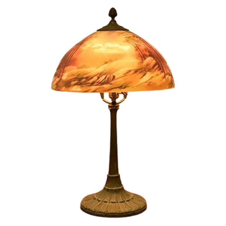 Antique Arts & Crafts Table Lamp With Painted Glass Landscape Scene Shade, 1920s