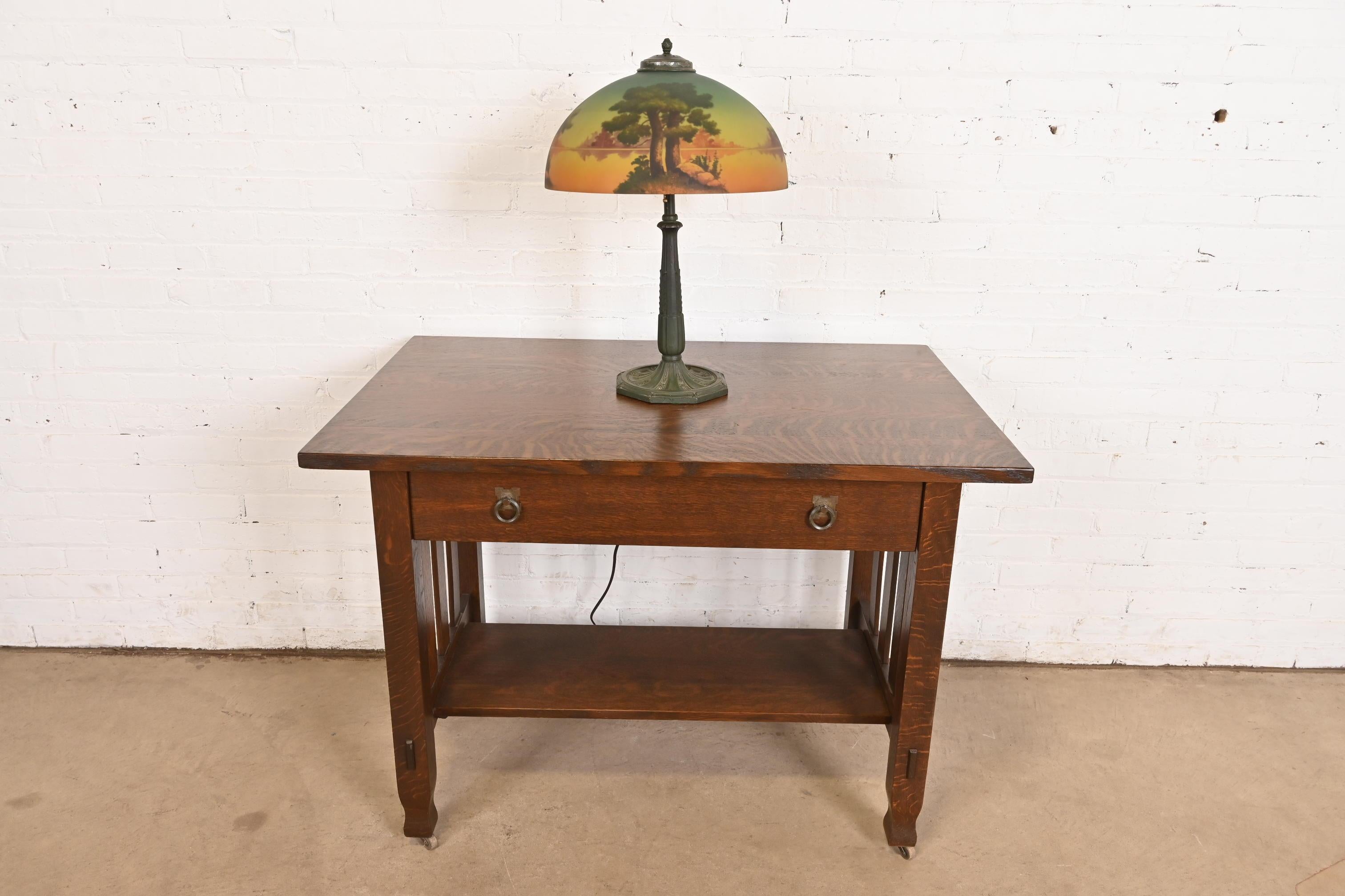 Antique Arts & Crafts Table Lamp With Reverse Painted Lake Scene, Circa 1920s For Sale 6