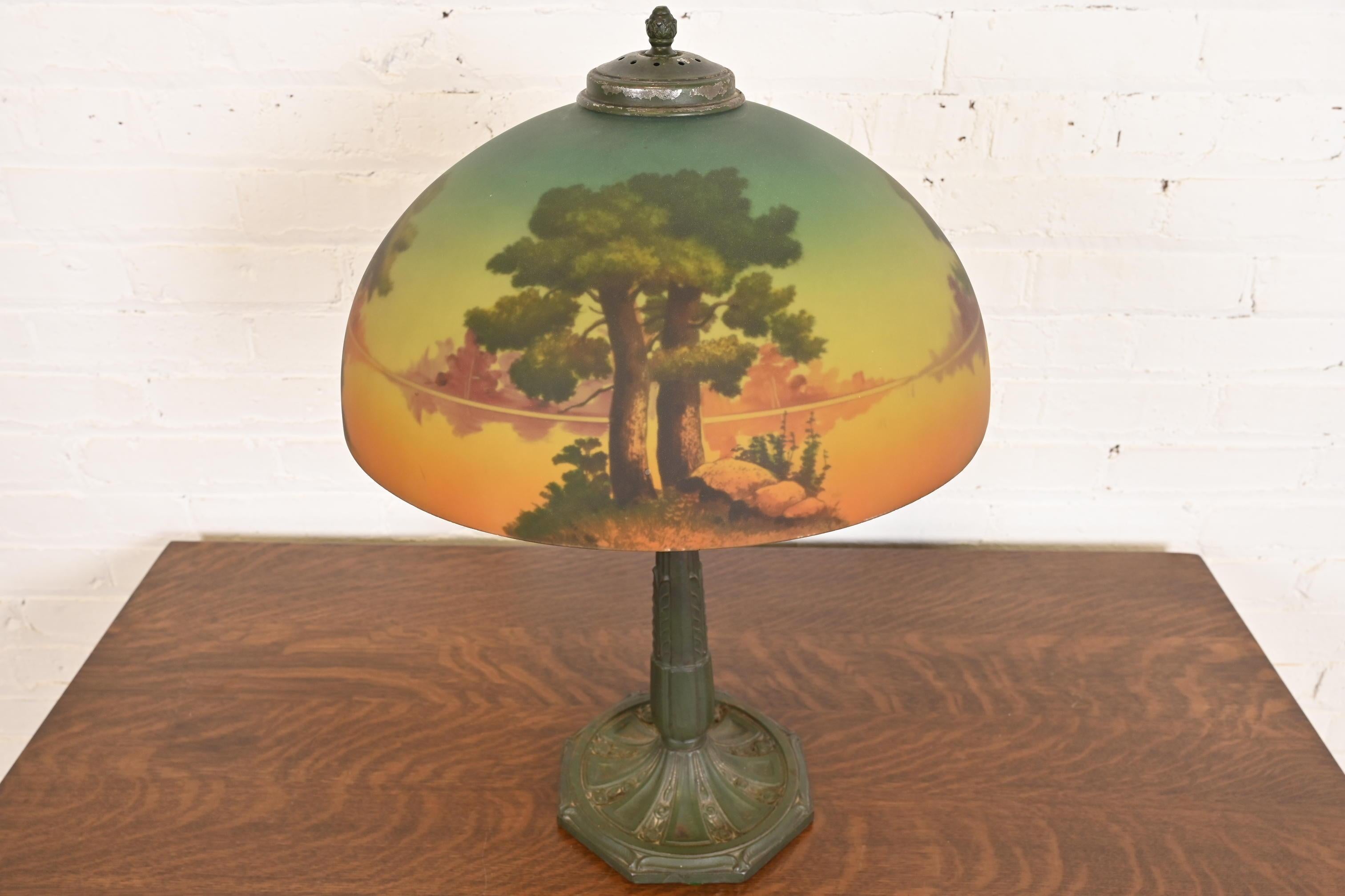 Arts and Crafts Antique Arts & Crafts Table Lamp With Reverse Painted Lake Scene, Circa 1920s For Sale