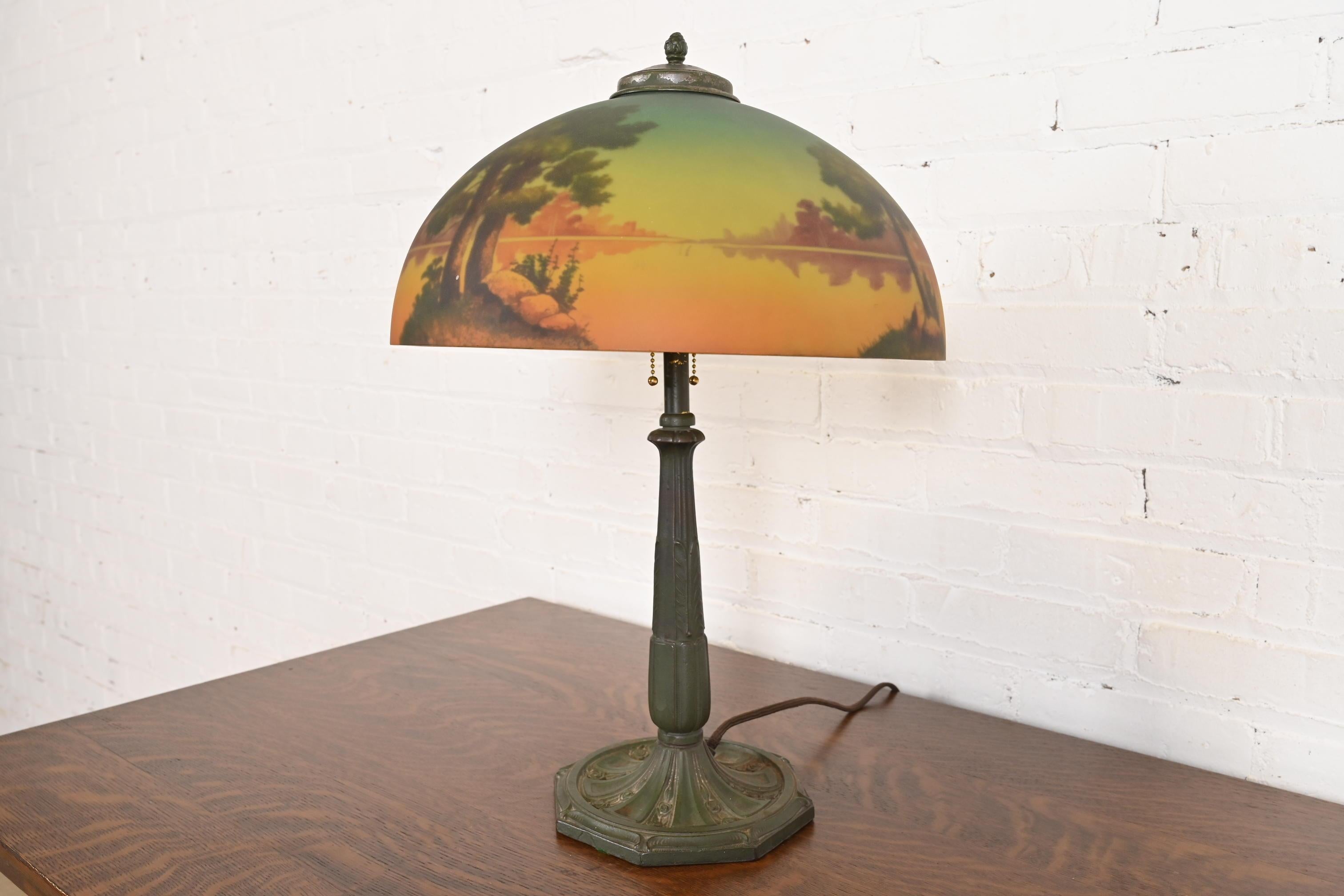 American Antique Arts & Crafts Table Lamp With Reverse Painted Lake Scene, Circa 1920s For Sale