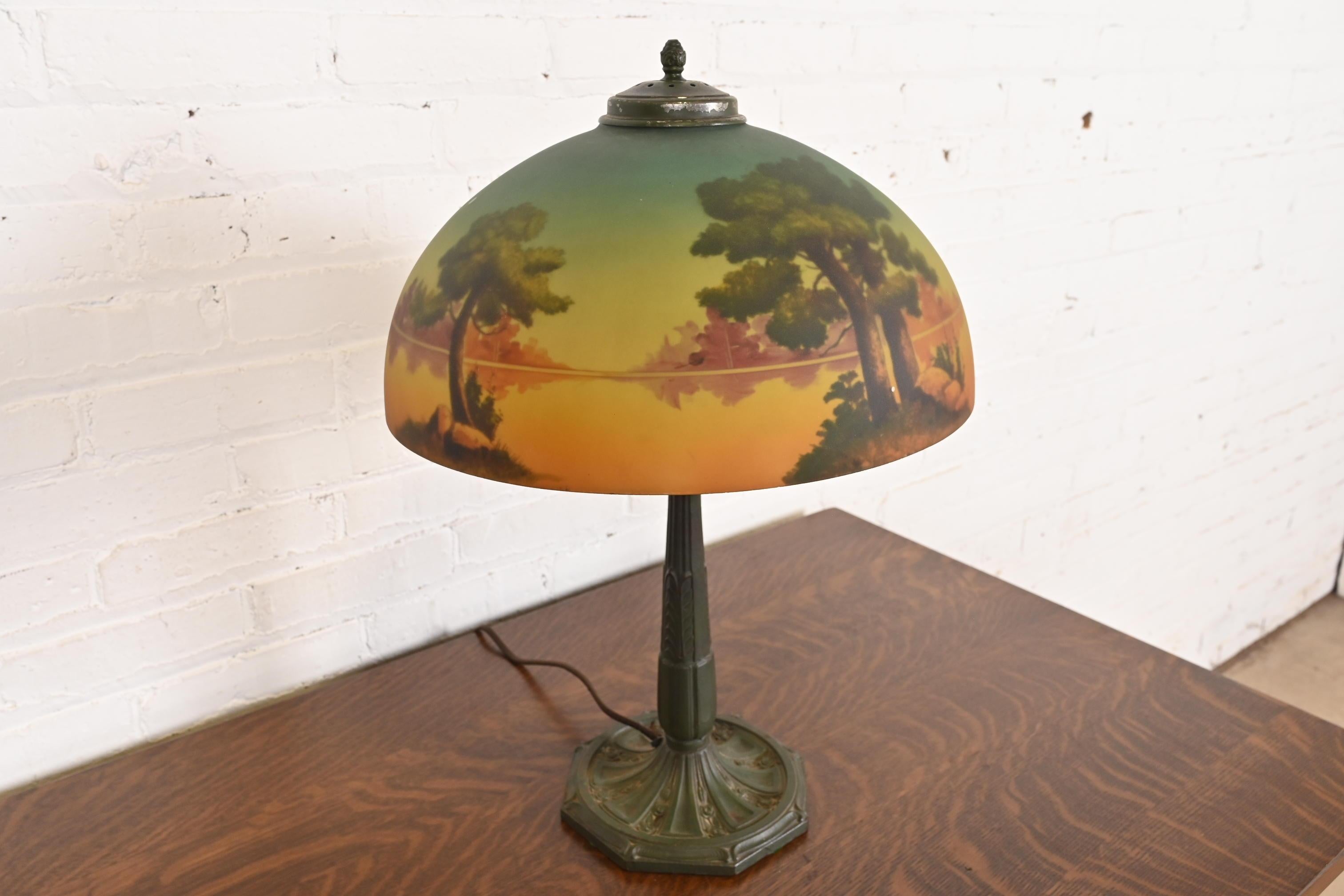 Antique Arts & Crafts Table Lamp With Reverse Painted Lake Scene, Circa 1920s In Good Condition For Sale In South Bend, IN
