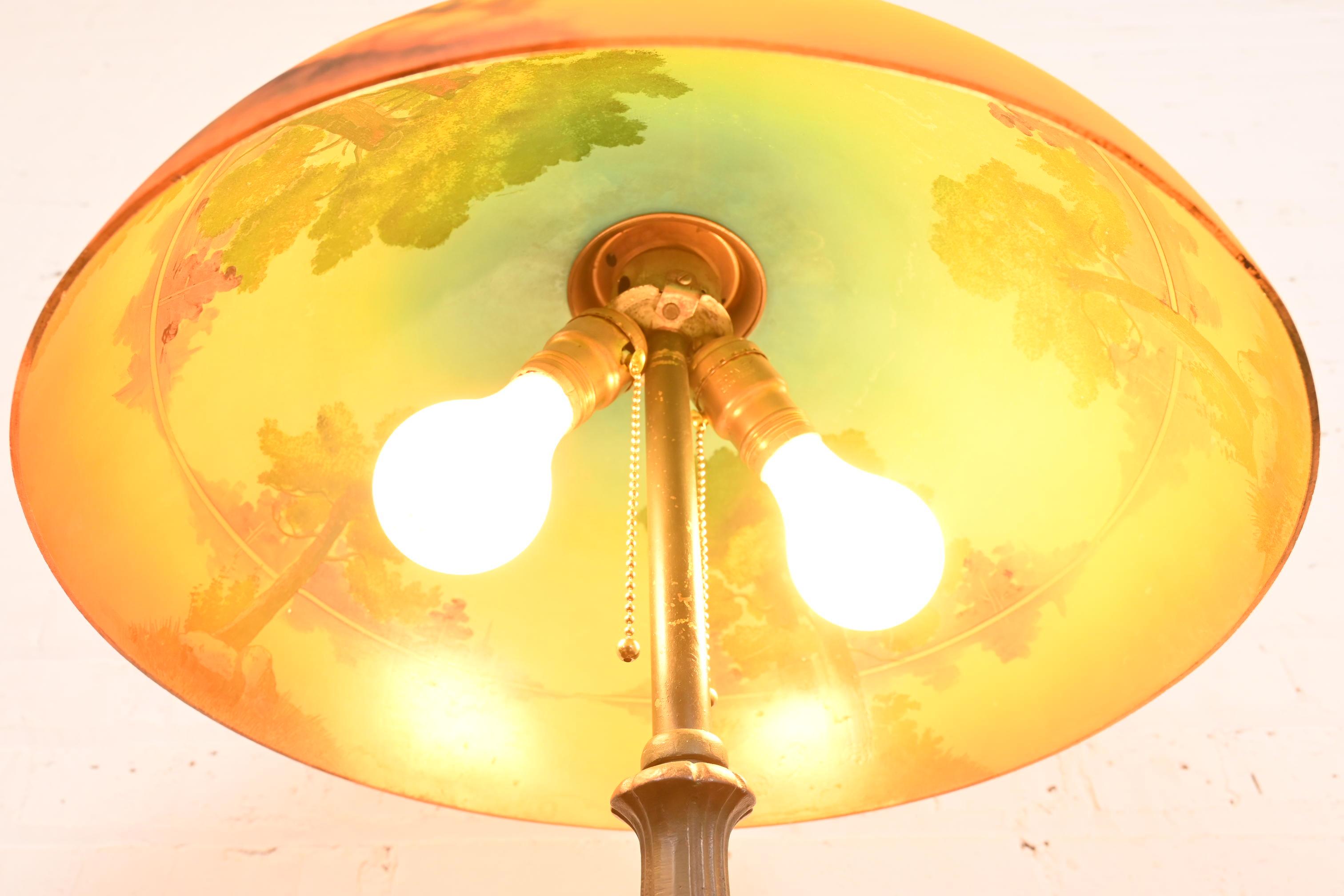 Early 20th Century Antique Arts & Crafts Table Lamp With Reverse Painted Lake Scene, Circa 1920s For Sale
