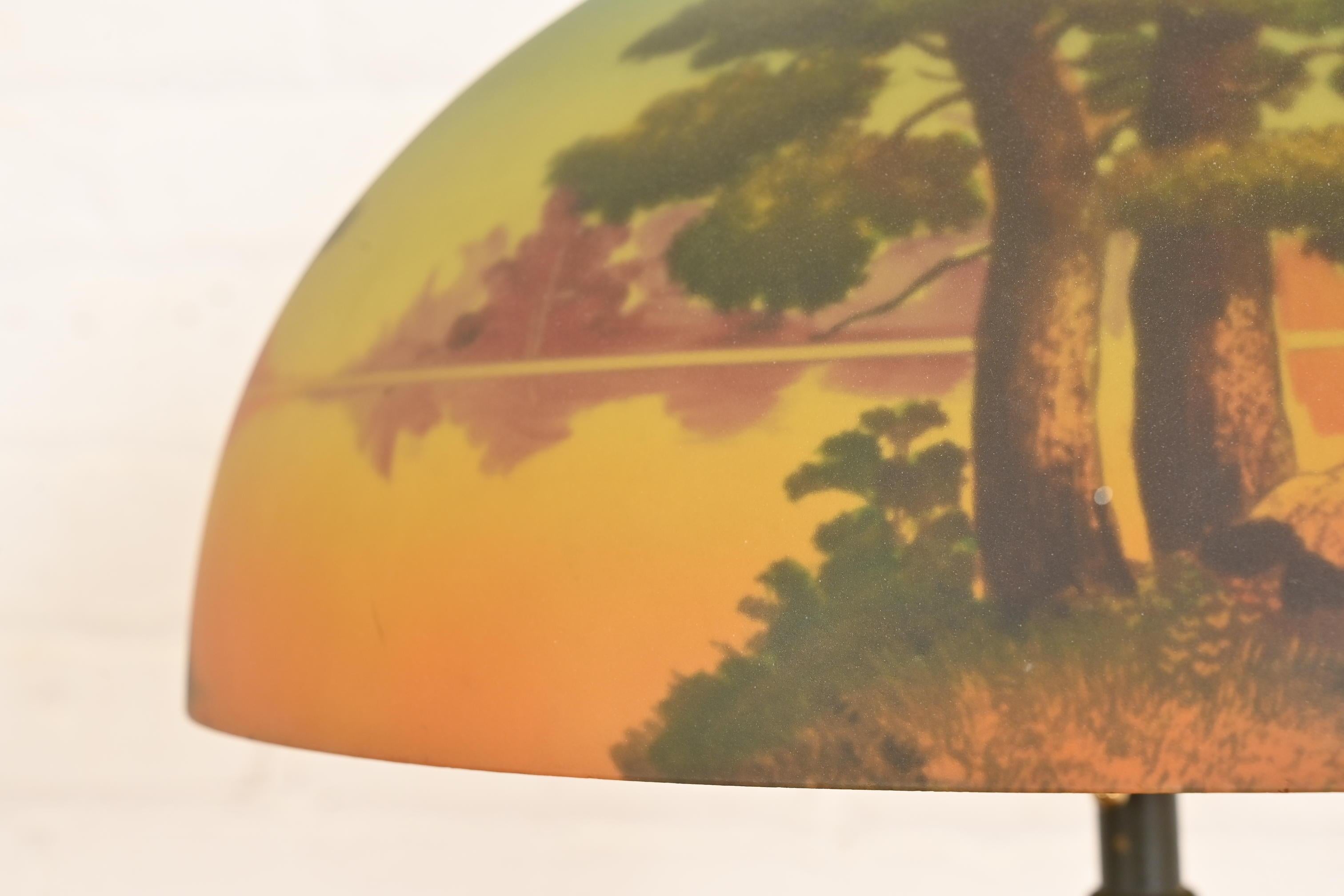 Antique Arts & Crafts Table Lamp With Reverse Painted Lake Scene, Circa 1920s For Sale 1