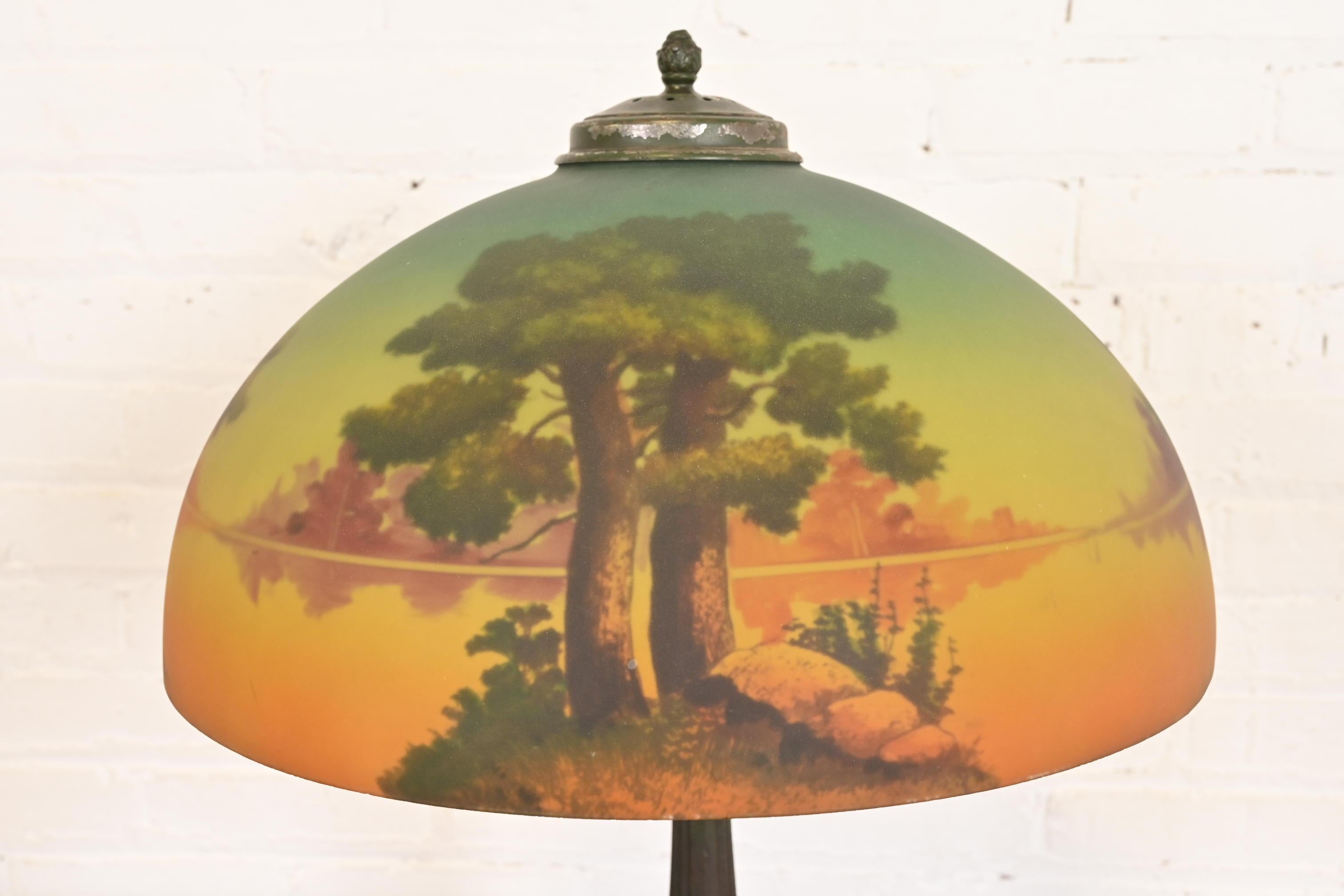 Antique Arts & Crafts Table Lamp With Reverse Painted Lake Scene, Circa 1920s For Sale 2