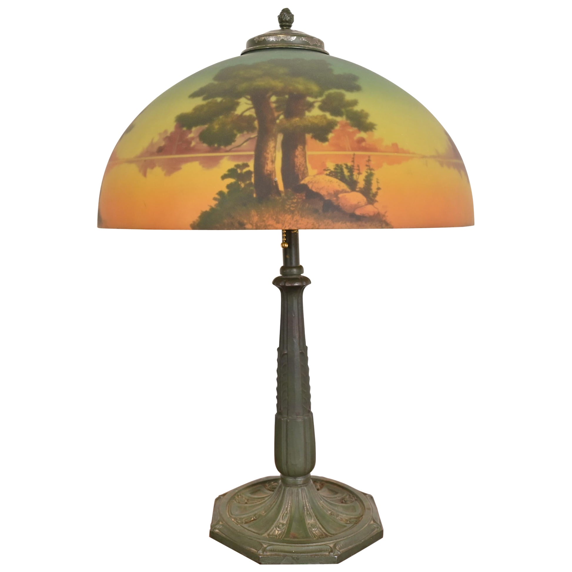 Antique Arts & Crafts Table Lamp With Reverse Painted Lake Scene, Circa 1920s For Sale