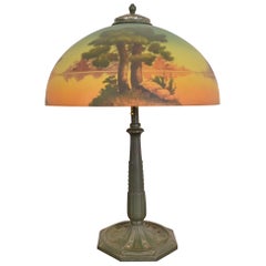 Used Arts & Crafts Table Lamp With Reverse Painted Lake Scene, Circa 1920s