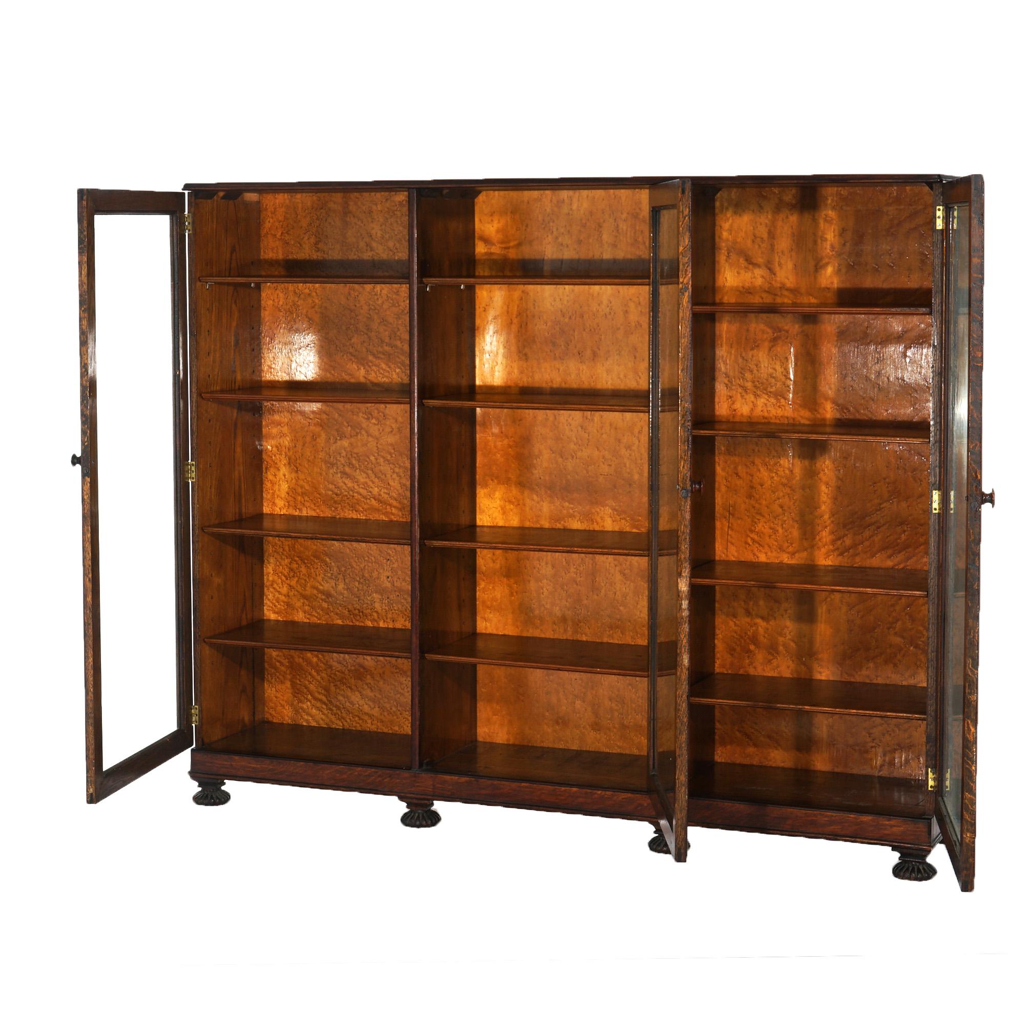 Arts and Crafts Antique Arts & Crafts Three-Door Enclosed Oak Bookcase with Carved Feet C1910