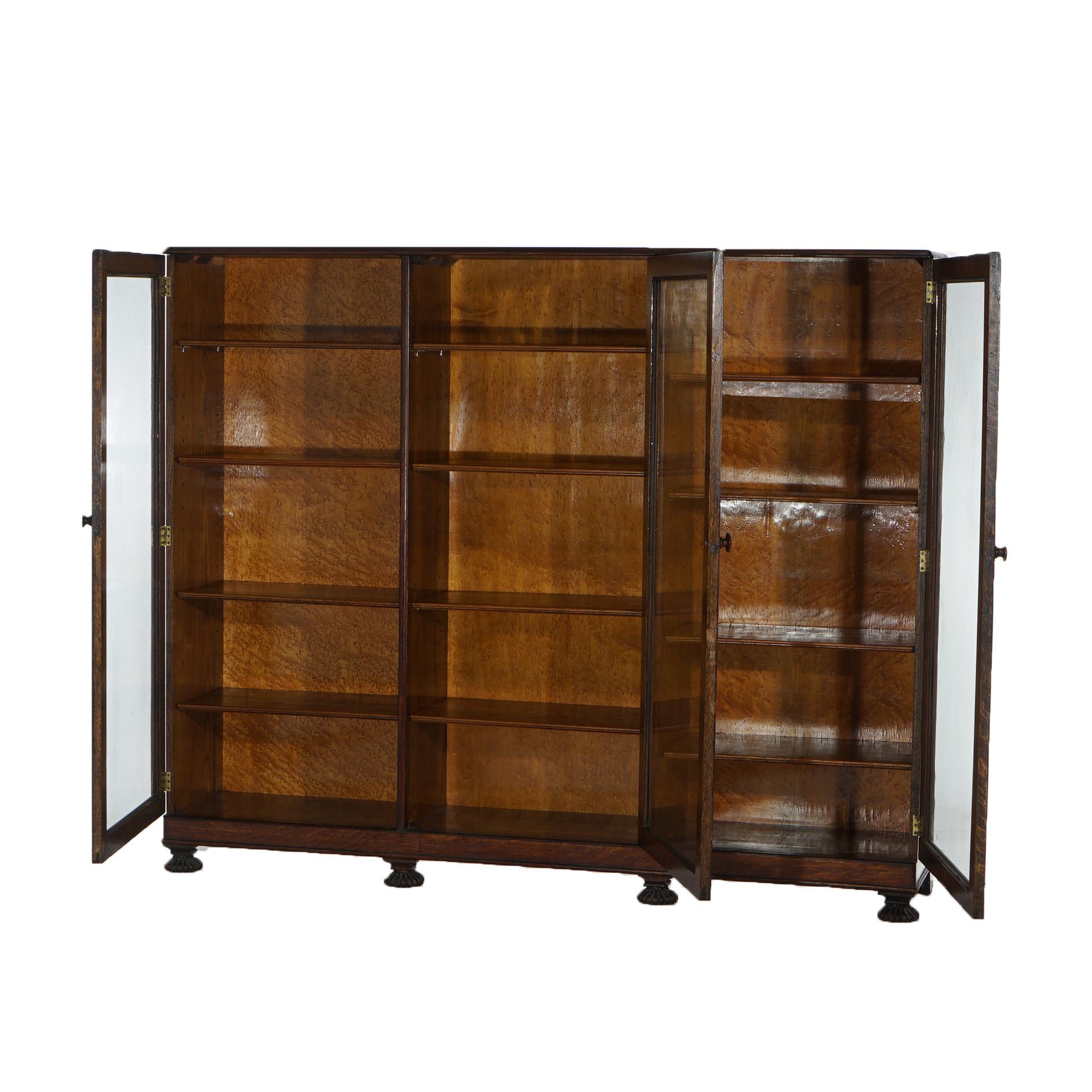 Antique Arts & Crafts Three-Door Enclosed Oak Bookcase with Carved Feet C1910 In Good Condition In Big Flats, NY