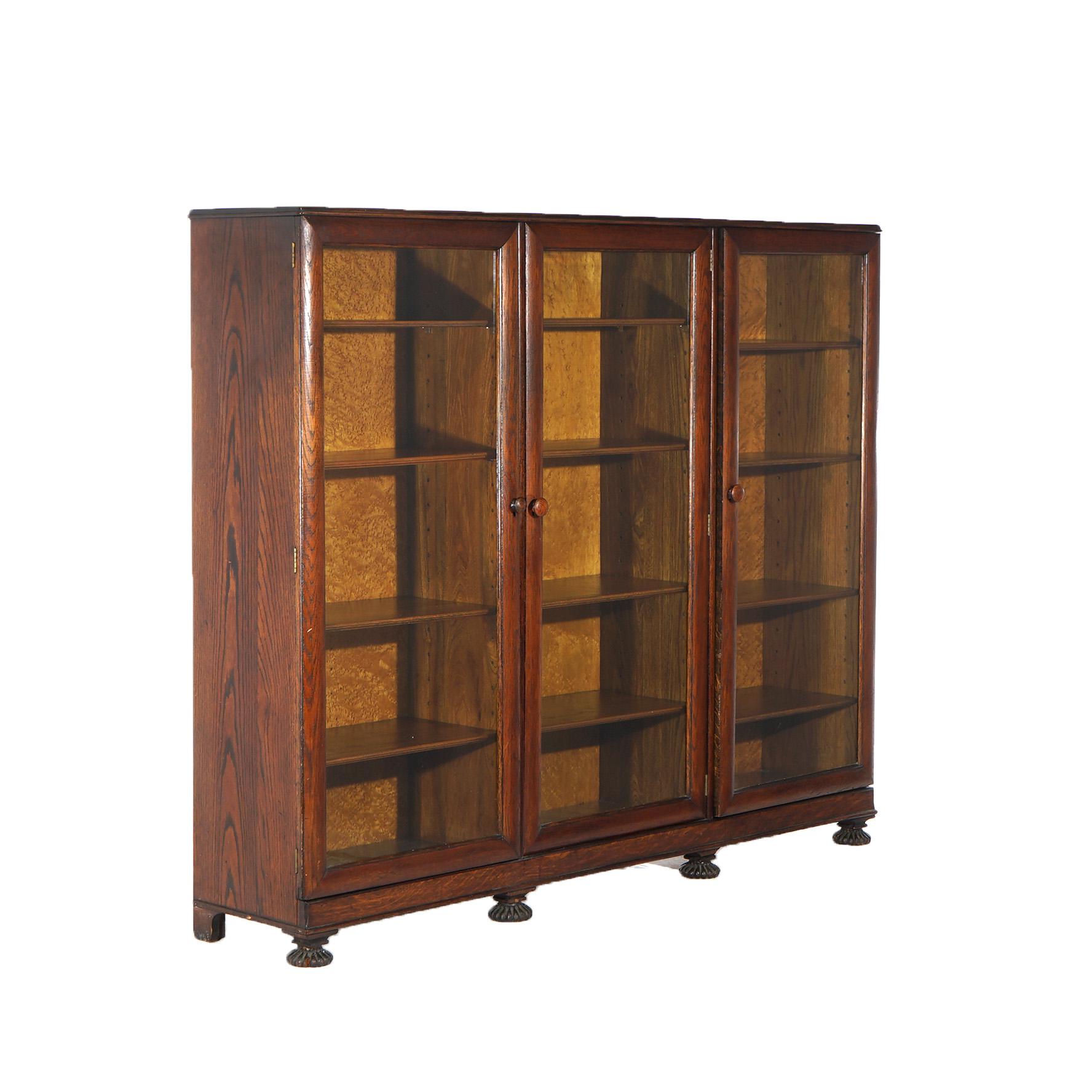 Antique Arts & Crafts Three-Door Enclosed Oak Bookcase with Carved Feet C1910 1