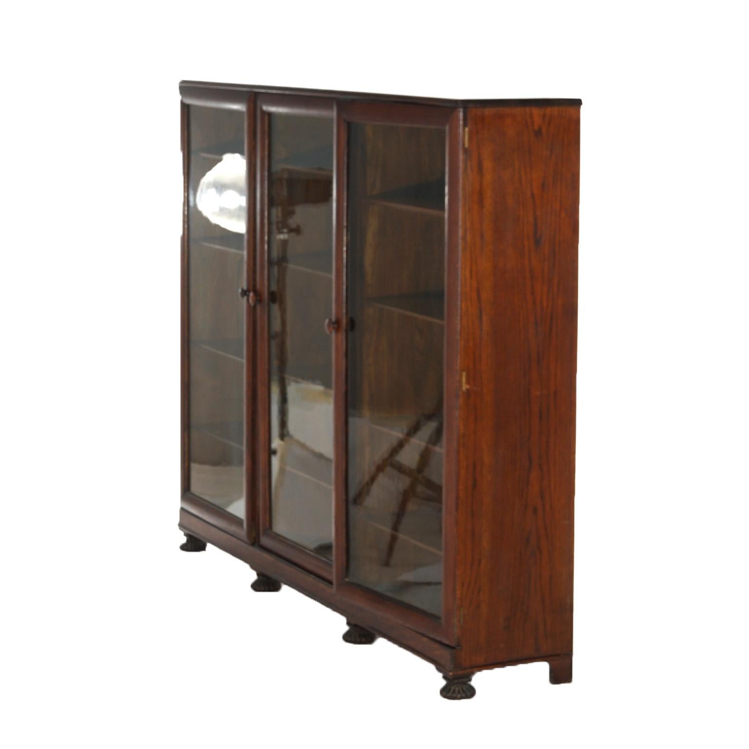 Antique Arts & Crafts Three-Door Enclosed Oak Bookcase with Carved Feet C1910 3
