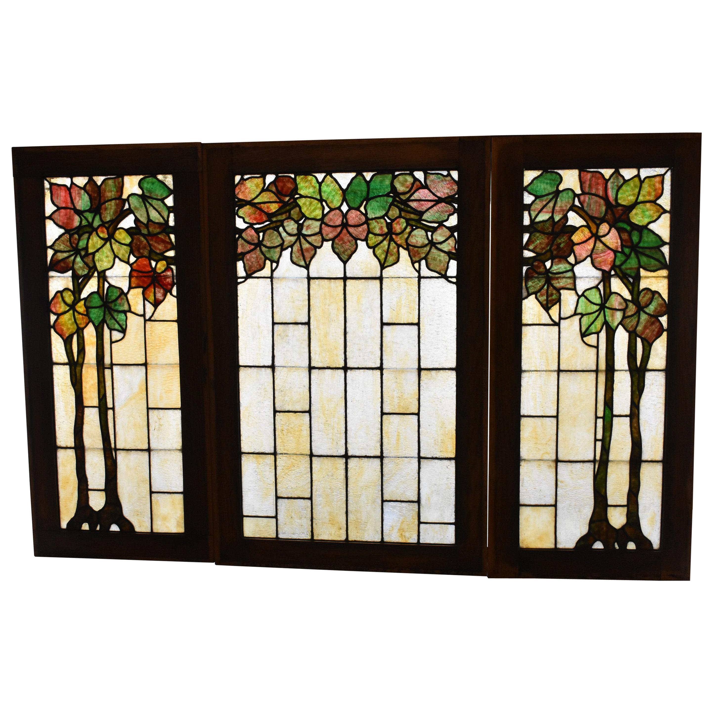 Antique Arts & Crafts Three-Piece Grape Trellis Leaded Glass Windows