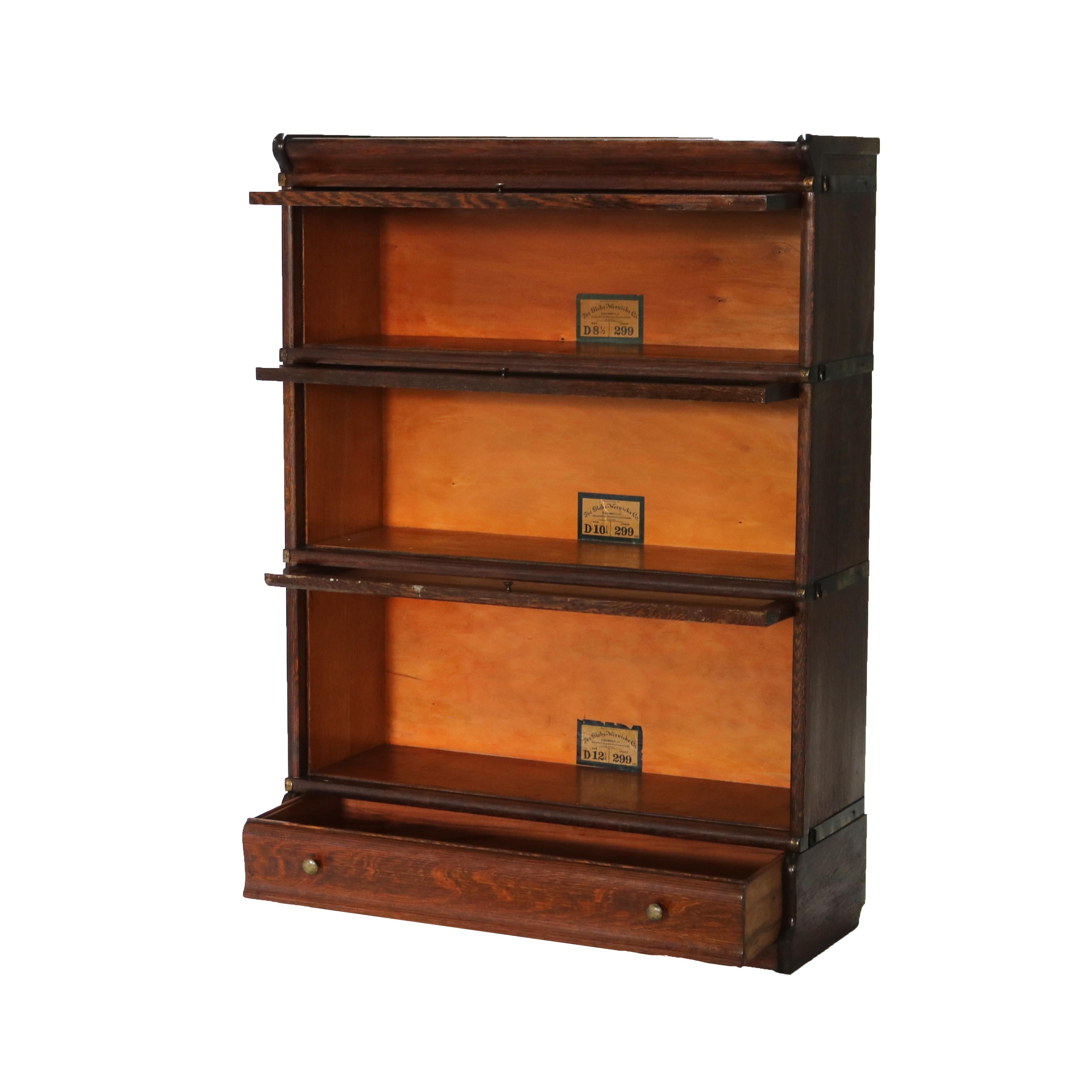 ***Reduced In-House Delivery Rates - Click on “Ask Seller” to Request a Quote***

Antique Arts & Crafts Three-Stack Oak Barrister Bookcase with Pullout Glass Doors and Raised on Ogee Base with Drawer C1920

Measures- Overall 50.25
