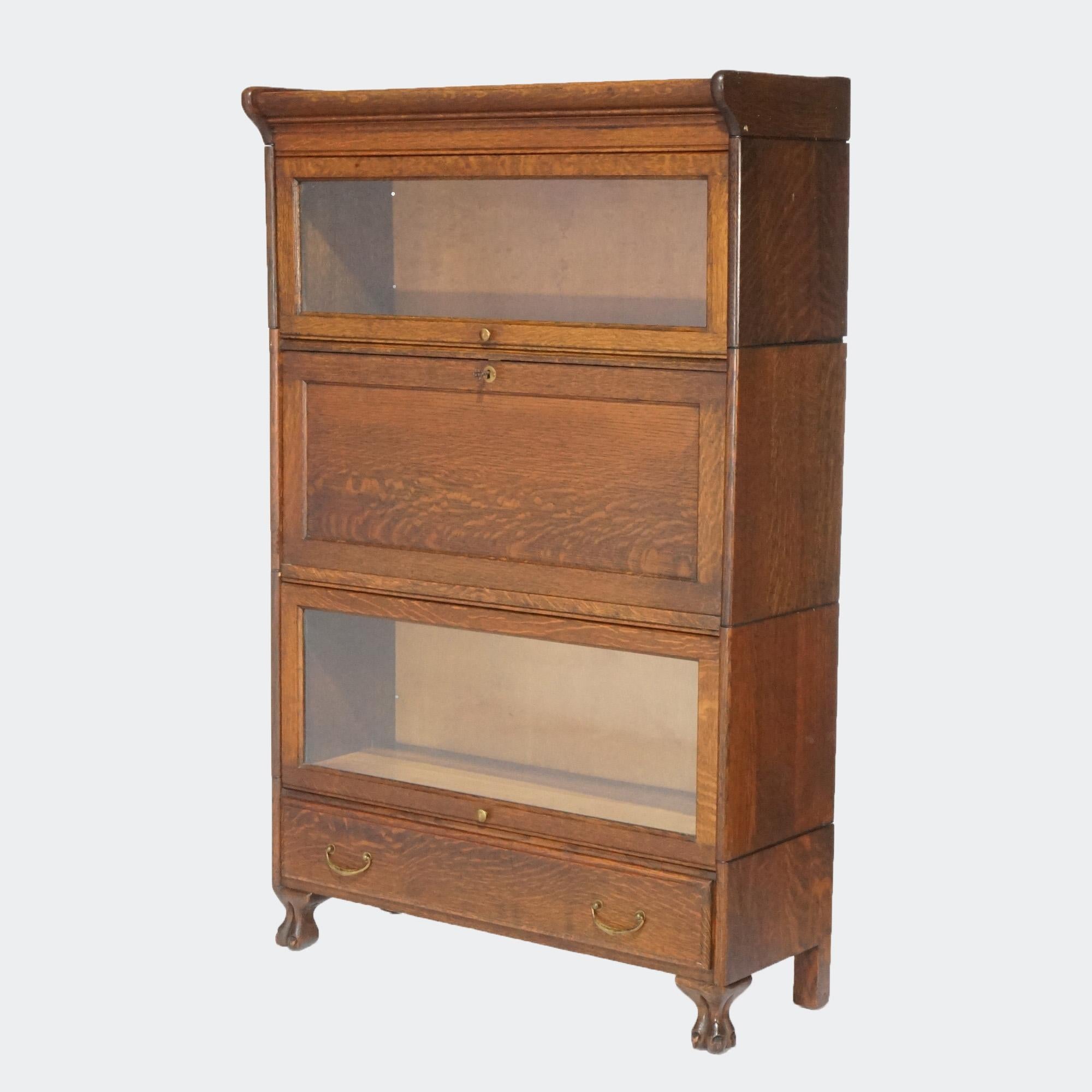 Arts and Crafts Antique Arts & Crafts Three Stack Oak Barrister Bookcase; Desk & Paw Feet; c1910 For Sale