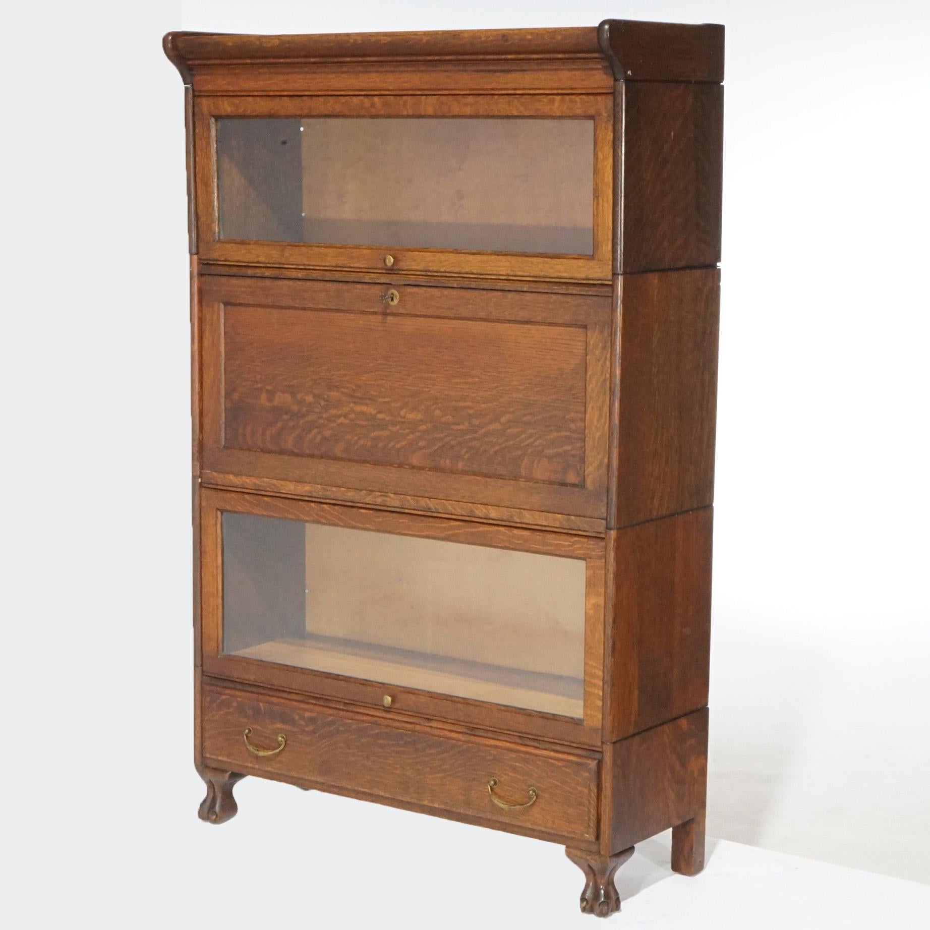 American Antique Arts & Crafts Three Stack Oak Barrister Bookcase; Desk & Paw Feet; c1910 For Sale
