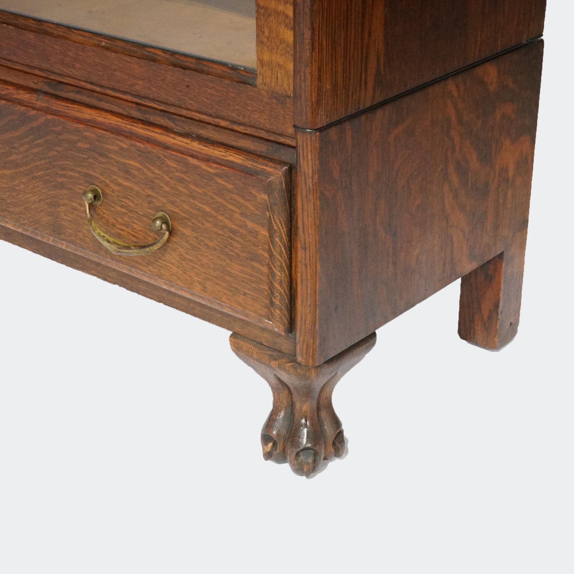 20th Century Antique Arts & Crafts Three Stack Oak Barrister Bookcase; Desk & Paw Feet; c1910 For Sale