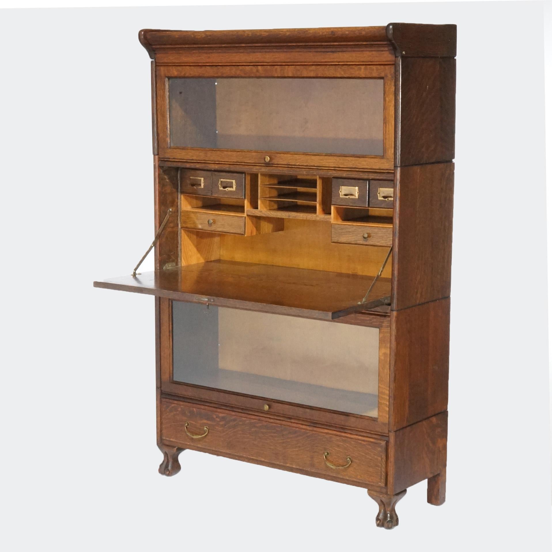 Glass Antique Arts & Crafts Three Stack Oak Barrister Bookcase; Desk & Paw Feet; c1910 For Sale
