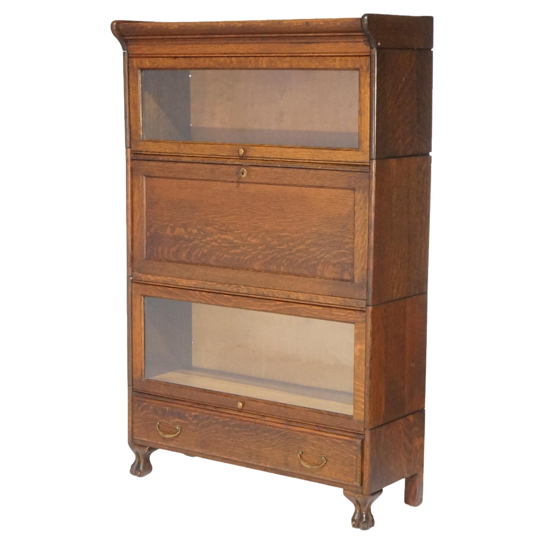 Antique Arts & Crafts Three Stack Oak Barrister Bookcase; Desk & Paw Feet; c1910 For Sale