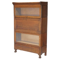 Antique Arts & Crafts Three Stack Oak Barrister Bookcase; Desk & Paw Feet; c1910