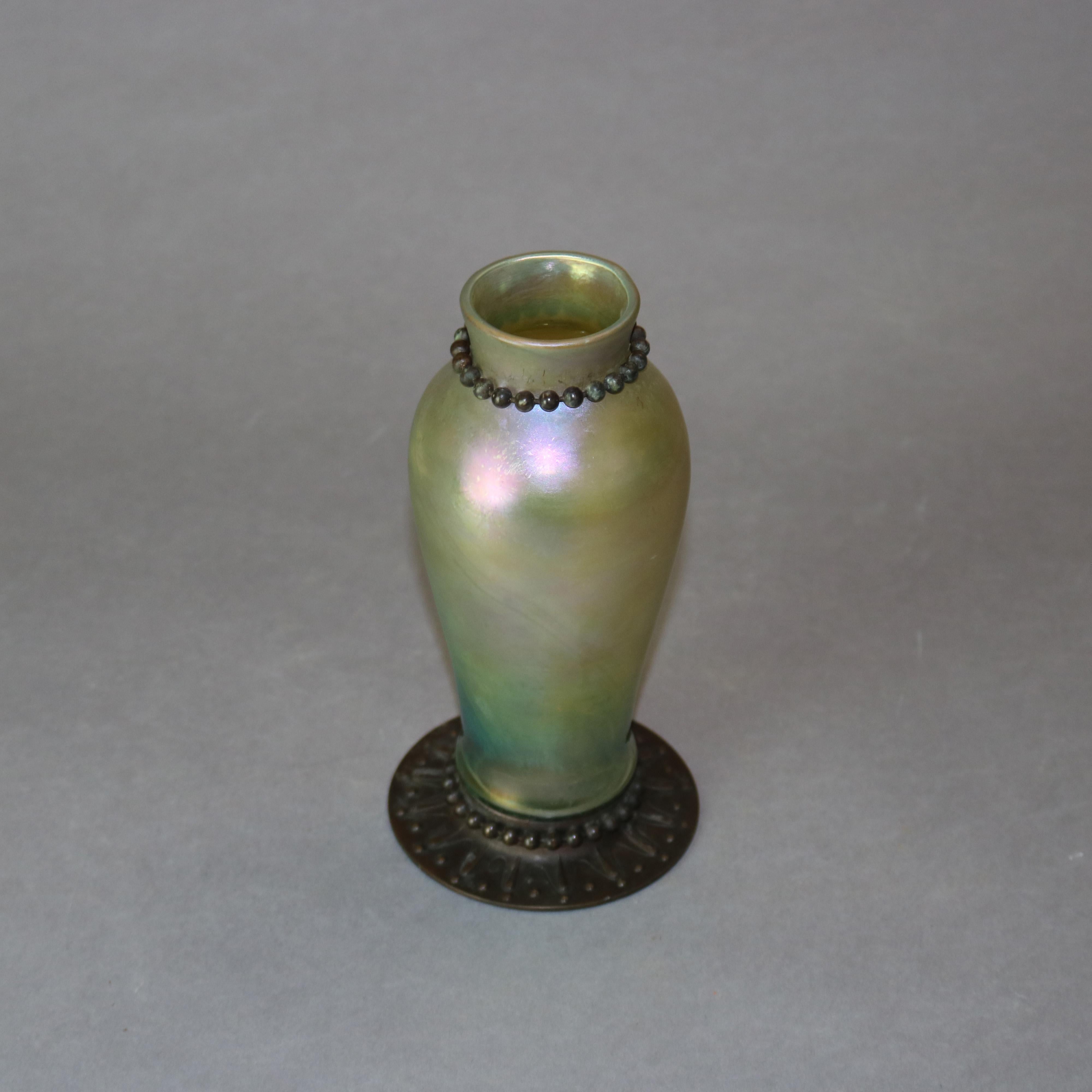 Antique Arts & Crafts Tiffany Favrile Art Glass & Bronze Vase, Signed circa 1910 3