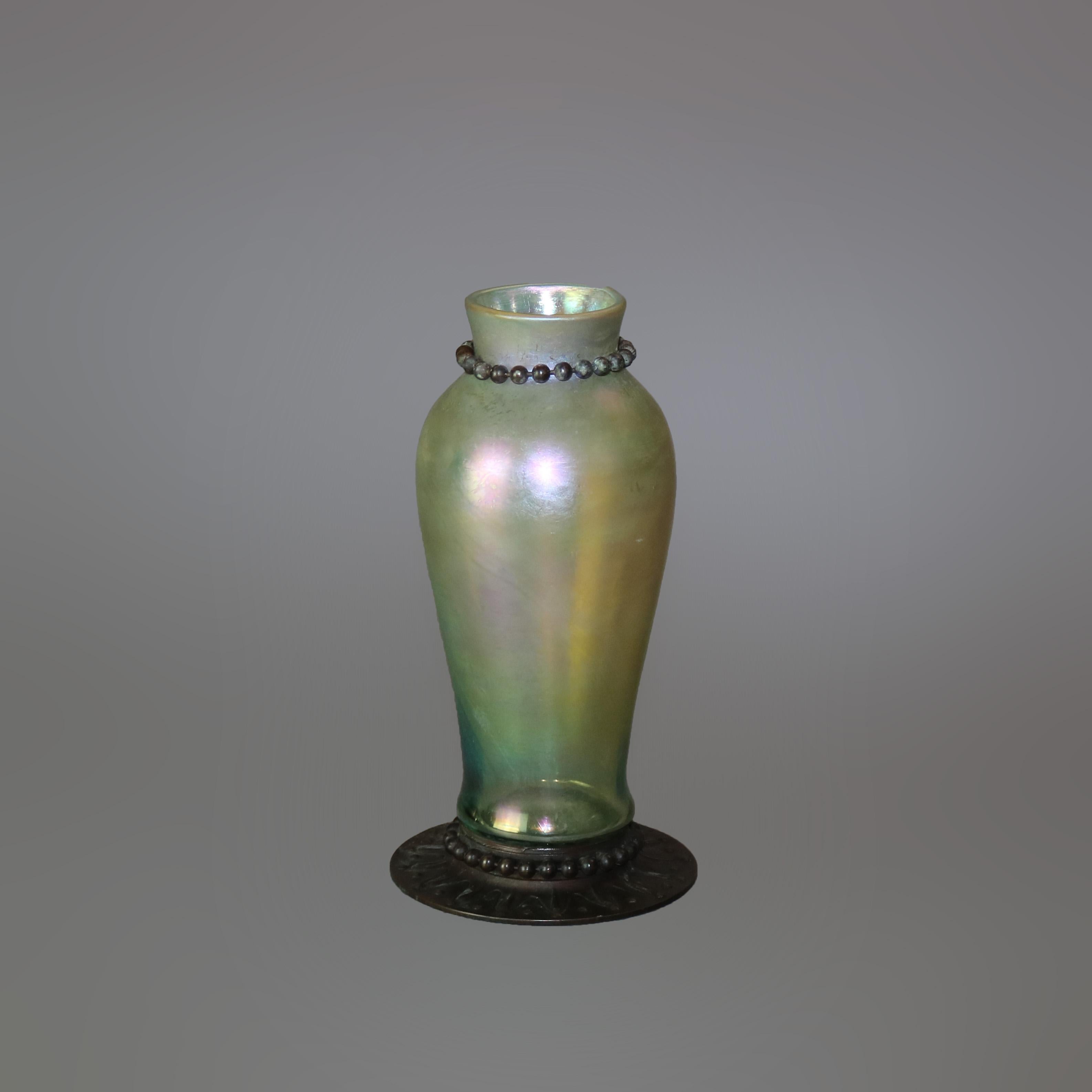Antique Arts & Crafts Tiffany Favrile Art Glass & Bronze Vase, Signed circa 1910 1
