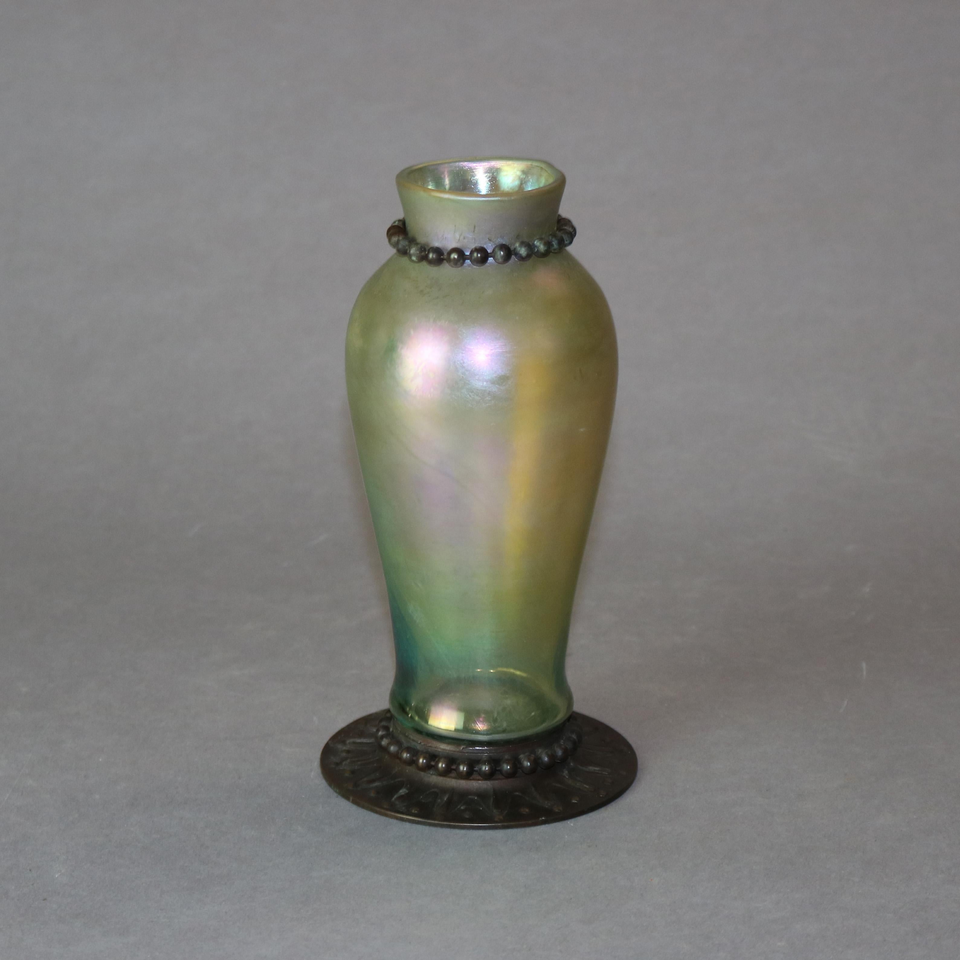 Antique Arts & Crafts Tiffany Favrile Art Glass & Bronze Vase, Signed circa 1910 2