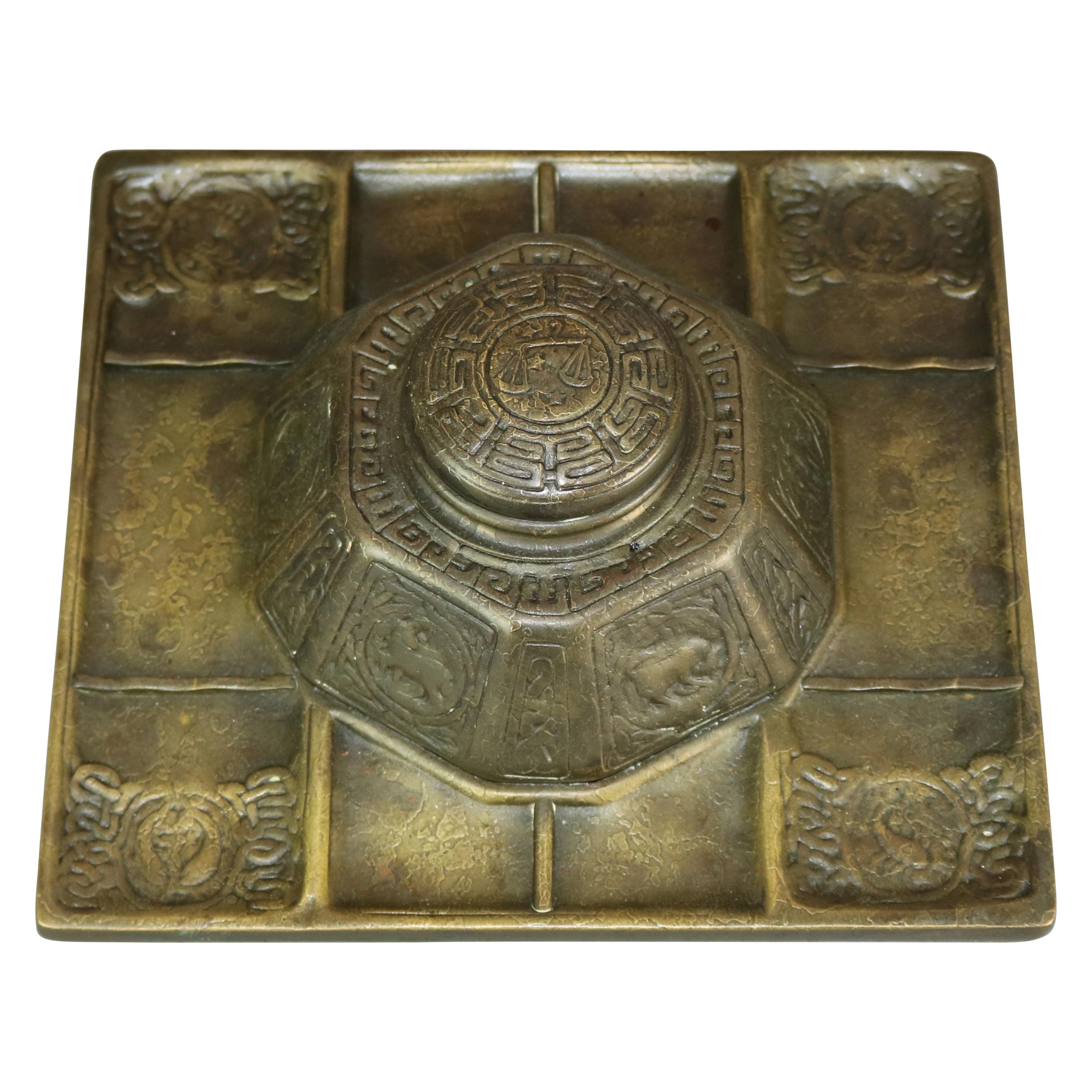 Antique Arts & Crafts Tiffany Studios Bronze Pyramidal Zodiac Inkwell, c1900