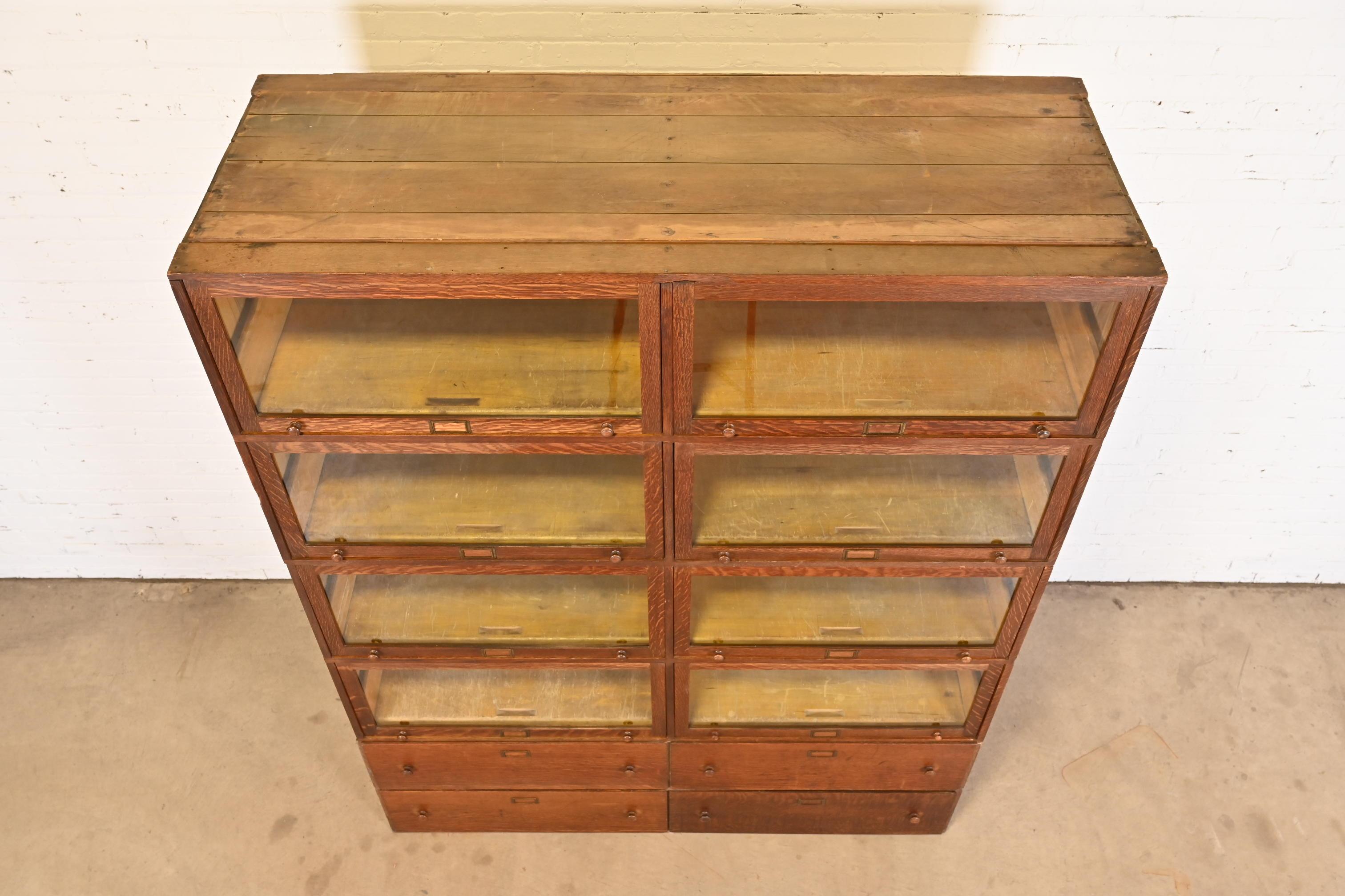 Antique Arts & Crafts Tiger Oak Double Barrister Bookcase, Circa 1890s For Sale 3
