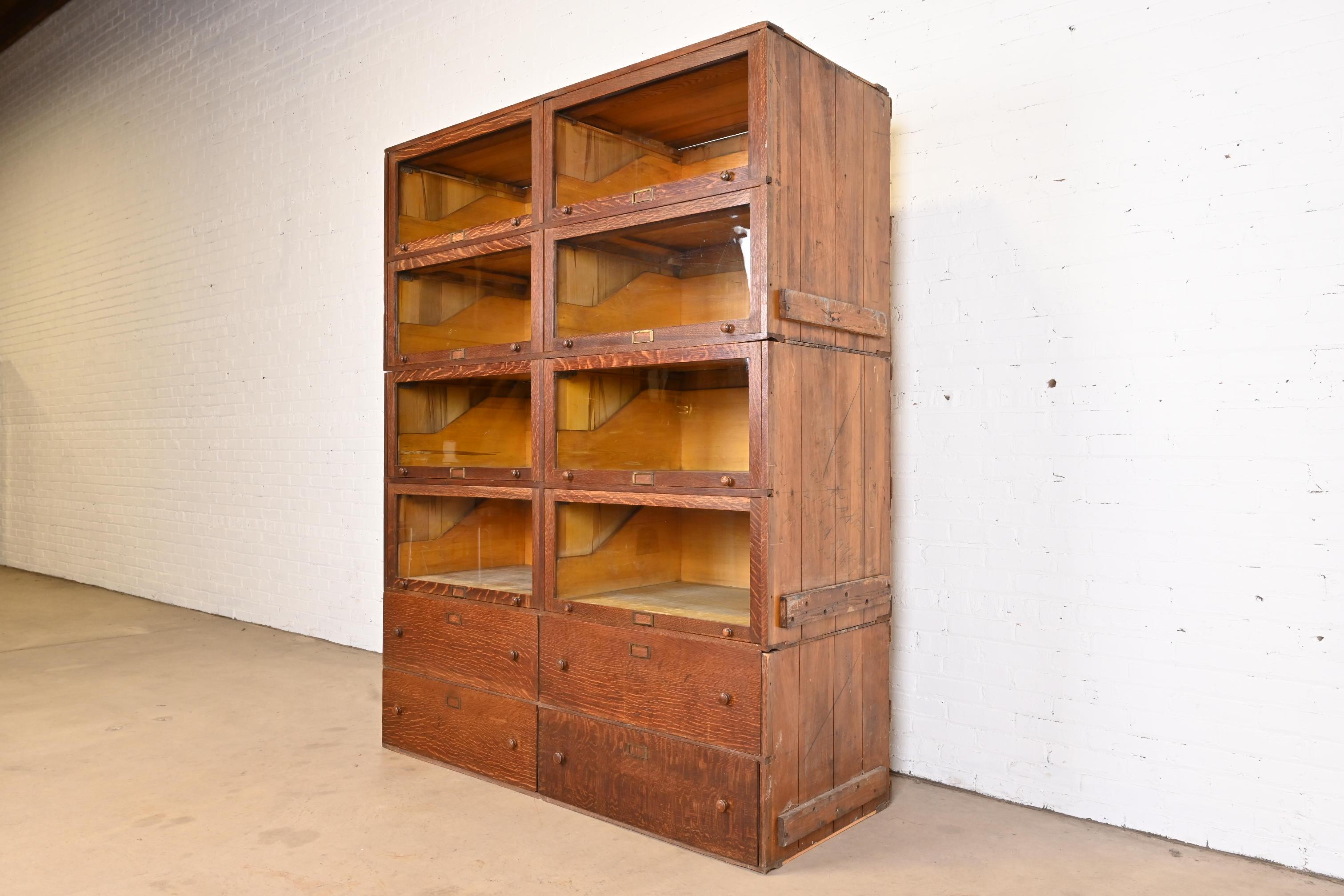 Arts and Crafts Antique Arts & Crafts Tiger Oak Double Barrister Bookcase, Circa 1890s For Sale