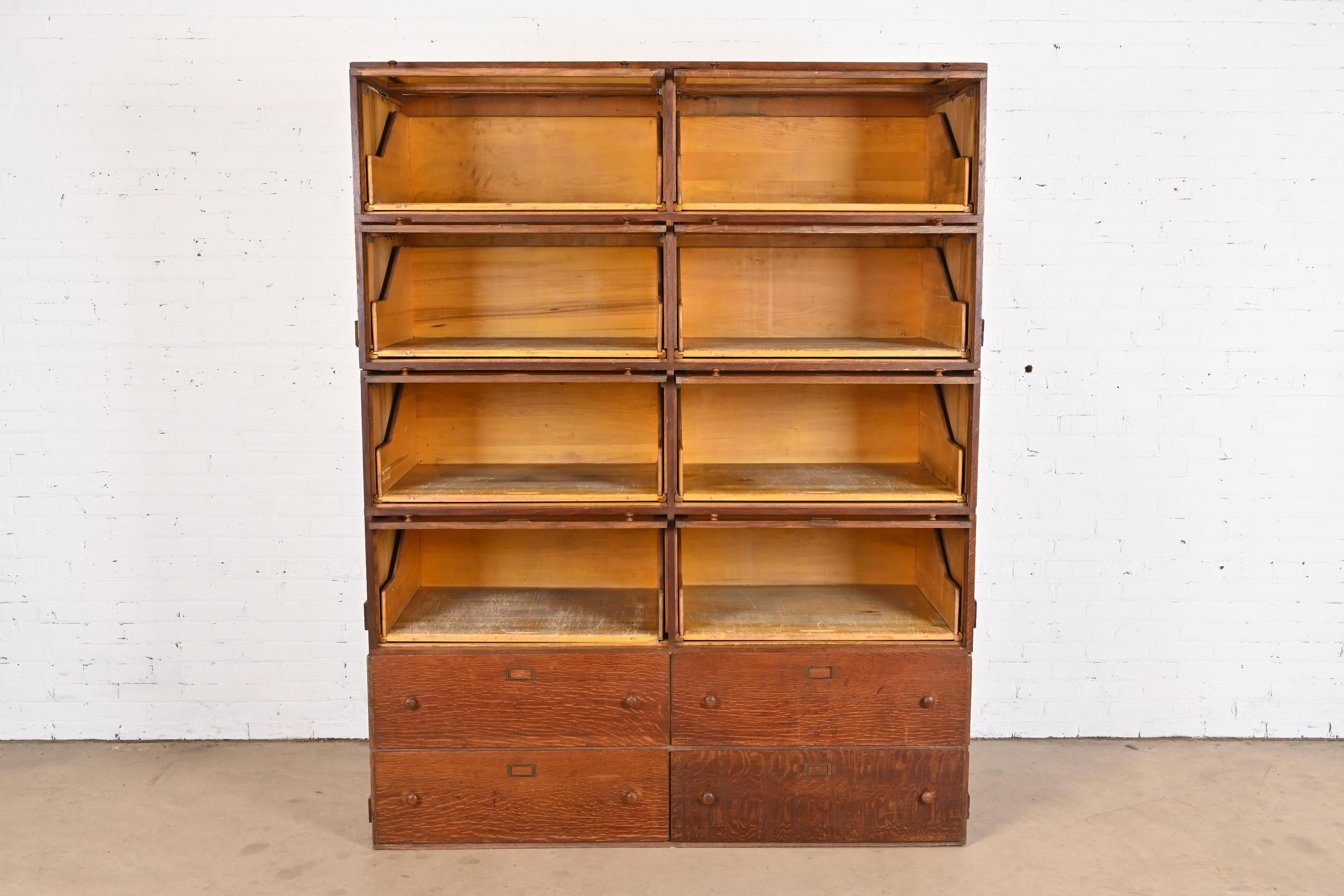 Antique Arts & Crafts Tiger Oak Double Barrister Bookcase, Circa 1890s In Good Condition For Sale In South Bend, IN
