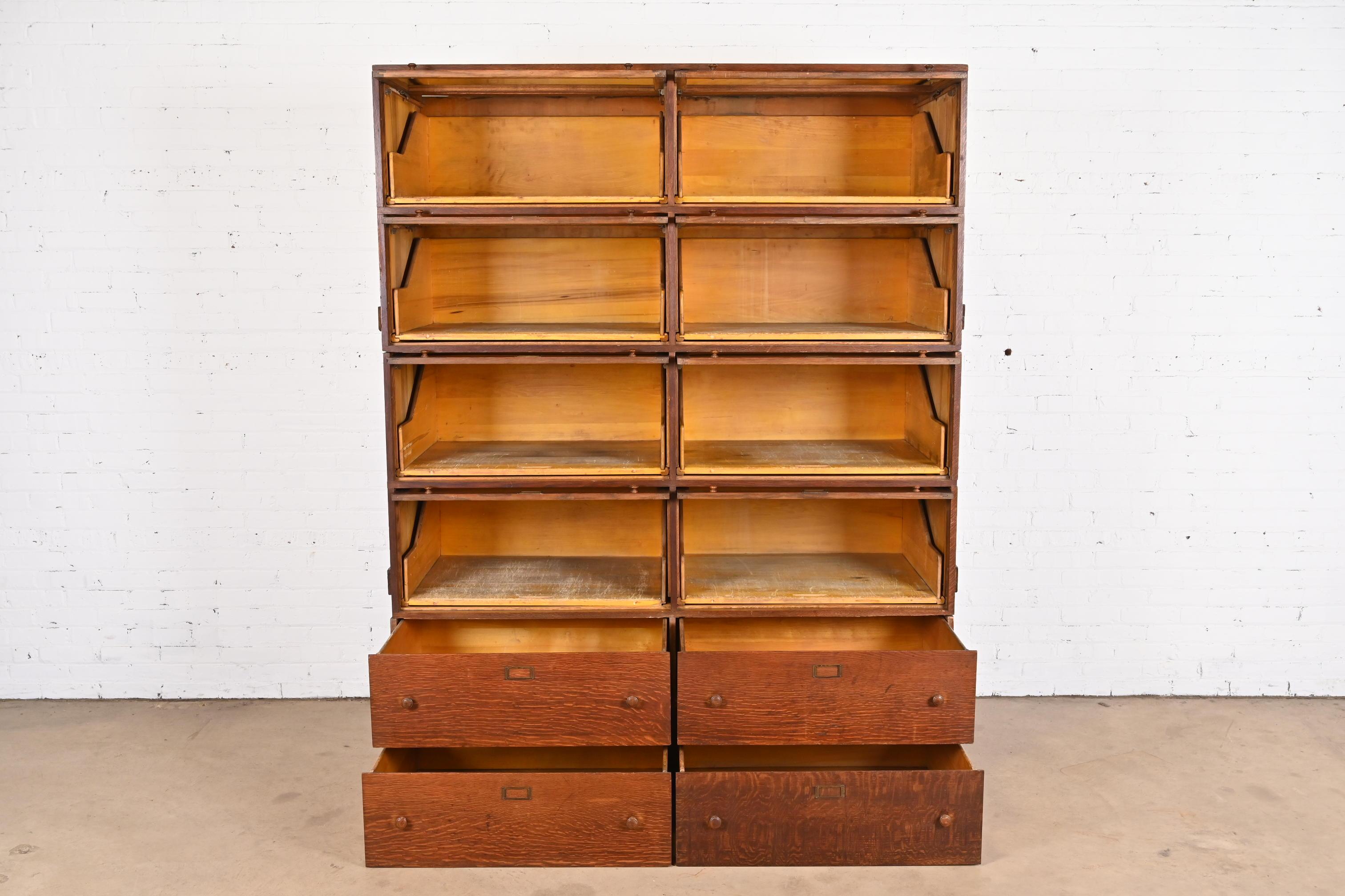 Glass Antique Arts & Crafts Tiger Oak Double Barrister Bookcase, Circa 1890s For Sale