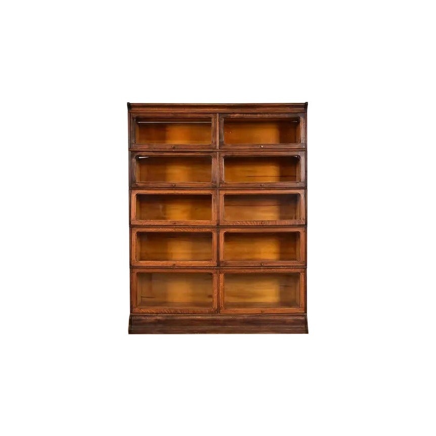 Antique Arts & Crafts Tiger Oak Double Five-Stack Barrister Bookcase, Circa 1900