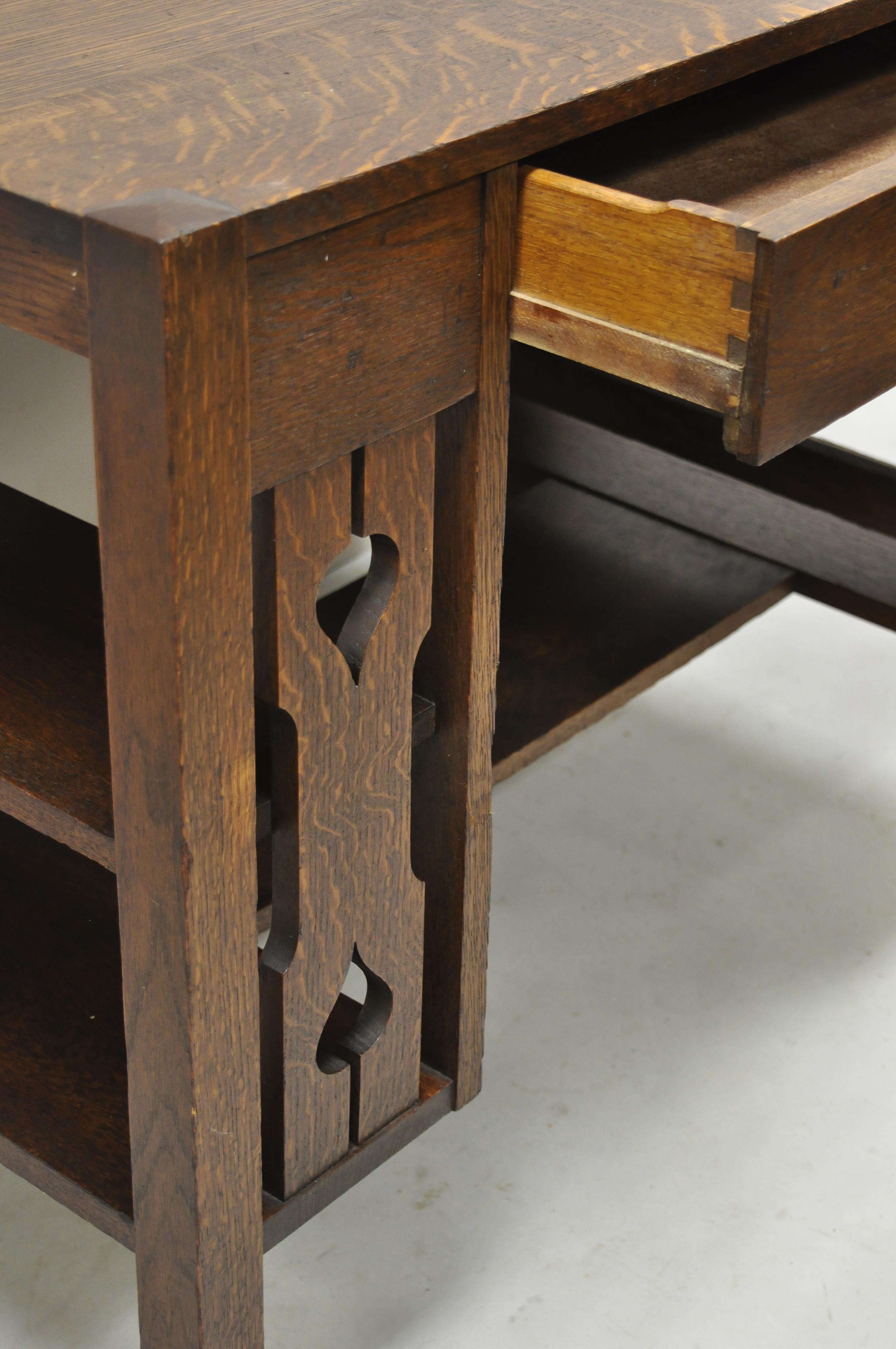 Antique Arts & Crafts Tiger Oak Mission Bookcase Sides Writing Desk with Drawer 2