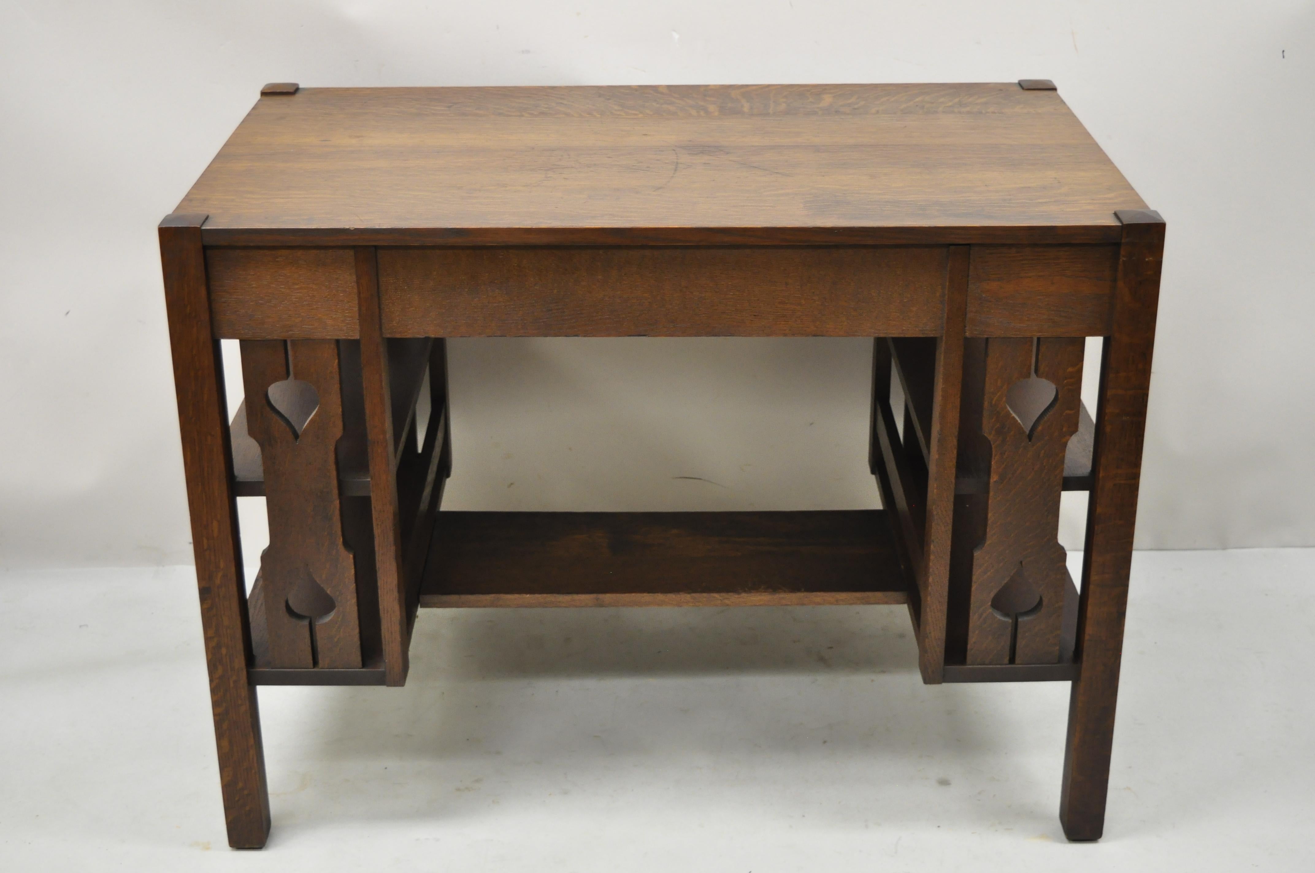 Antique Arts & Crafts Tiger Oak Mission Bookcase Sides Writing Desk with Drawer 3
