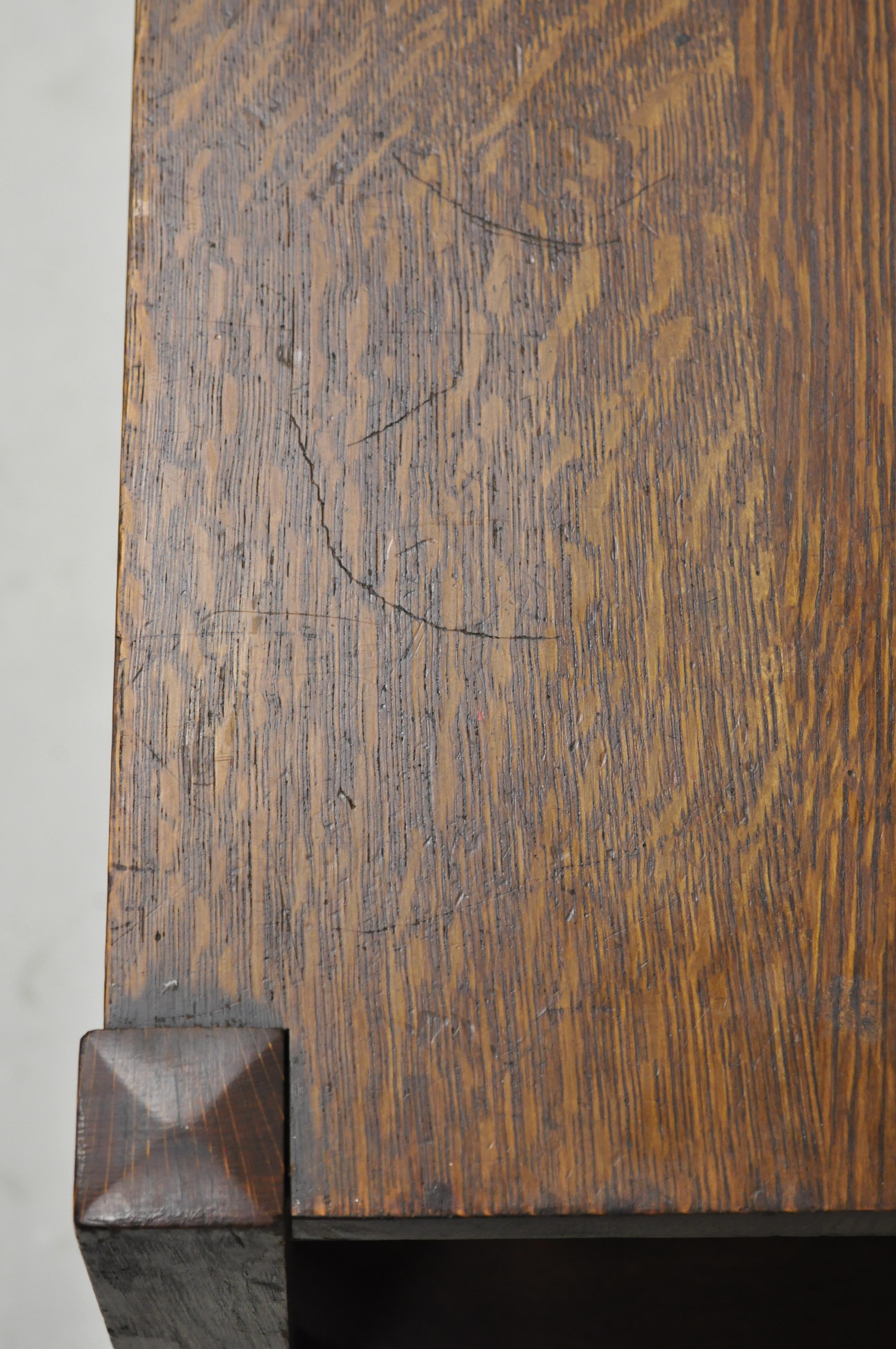 Antique Arts & Crafts Tiger Oak Mission Bookcase Sides Writing Desk with Drawer In Good Condition In Philadelphia, PA