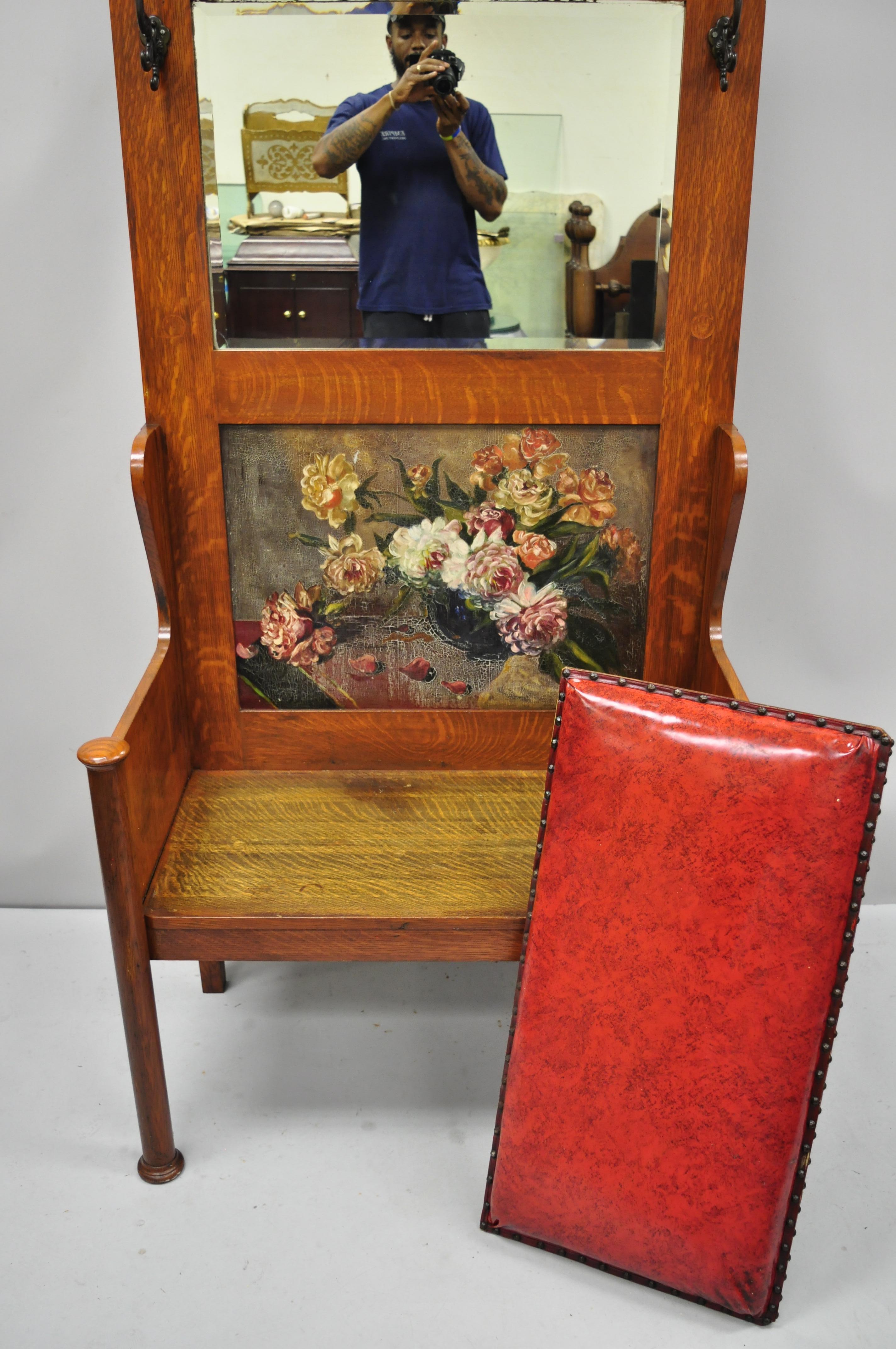 Antique Arts & Crafts Tiger Oak Mission Hall Coat Rack Tree Mirror Bench Seat For Sale 1