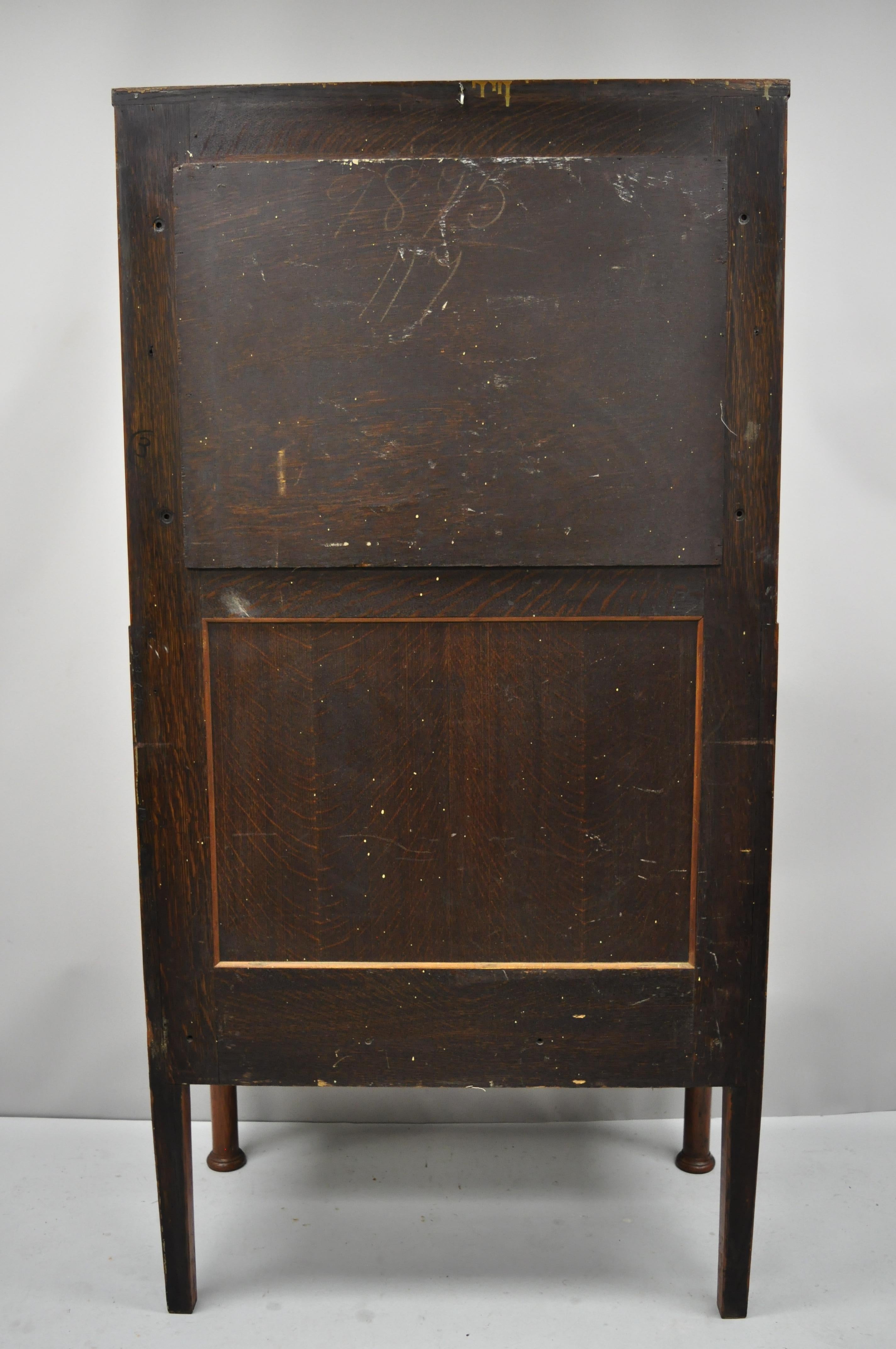 Antique Arts & Crafts Tiger Oak Mission Hall Coat Rack Tree Mirror Bench Seat For Sale 2
