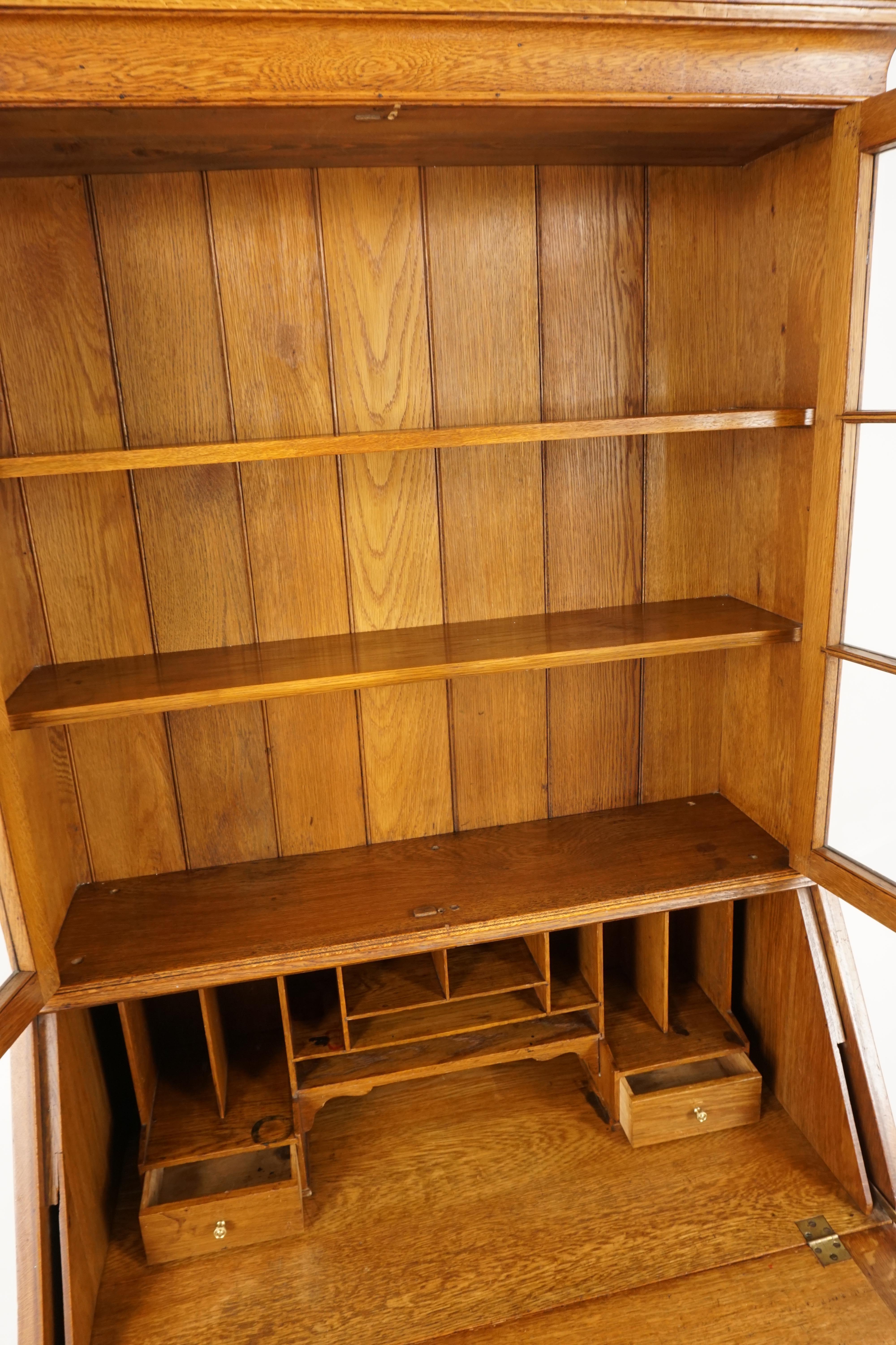Antique Arts & Crafts Tiger Oak Secretaire Bookcase, Scotland 1910, B2139 In Good Condition In Vancouver, BC