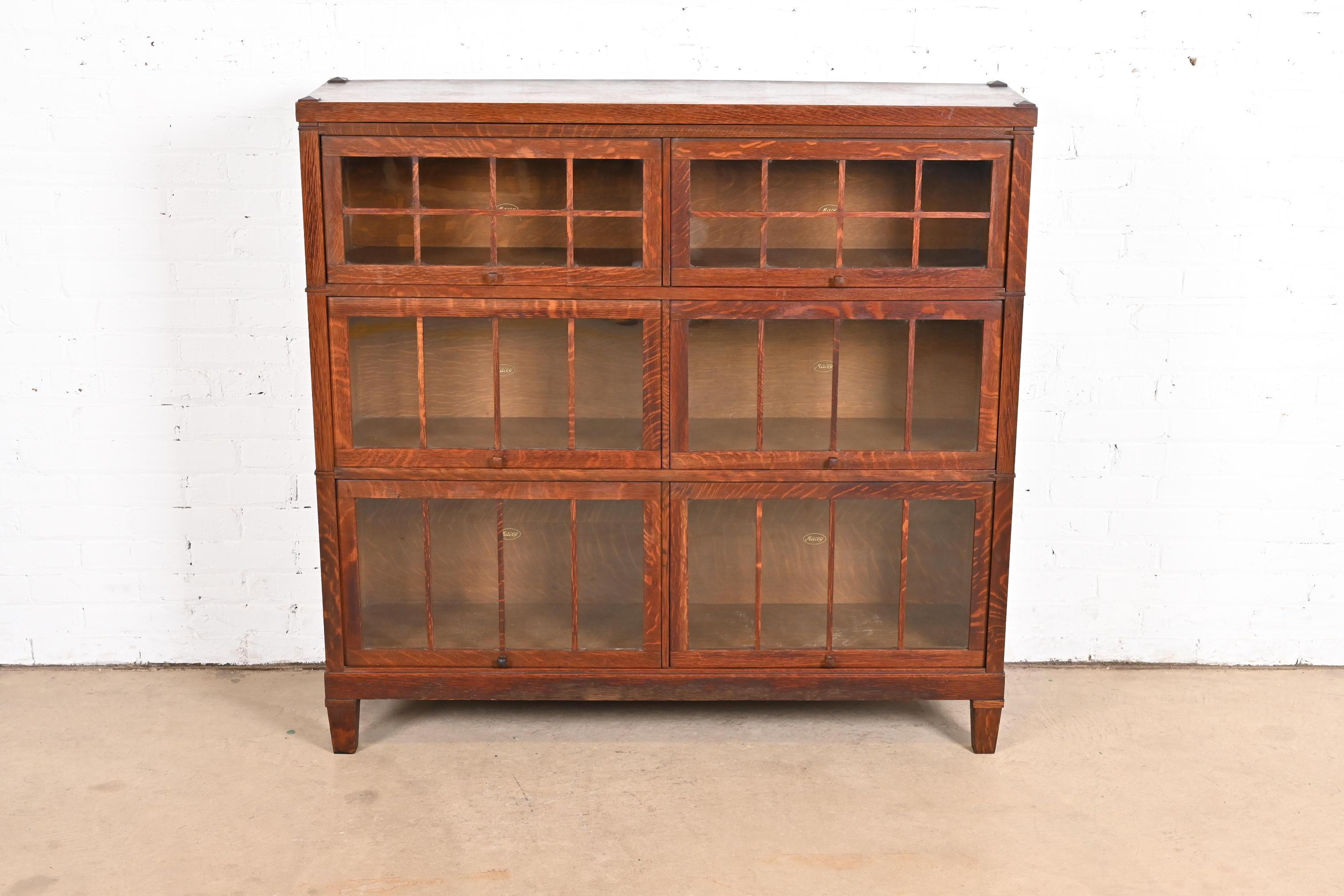 A gorgeous antique Mission or Arts & Crafts three-stack double barrister bookcase

By Macey

USA, Circa 1920s

Beautiful tiger oak, with glass front doors.

Measures: 48