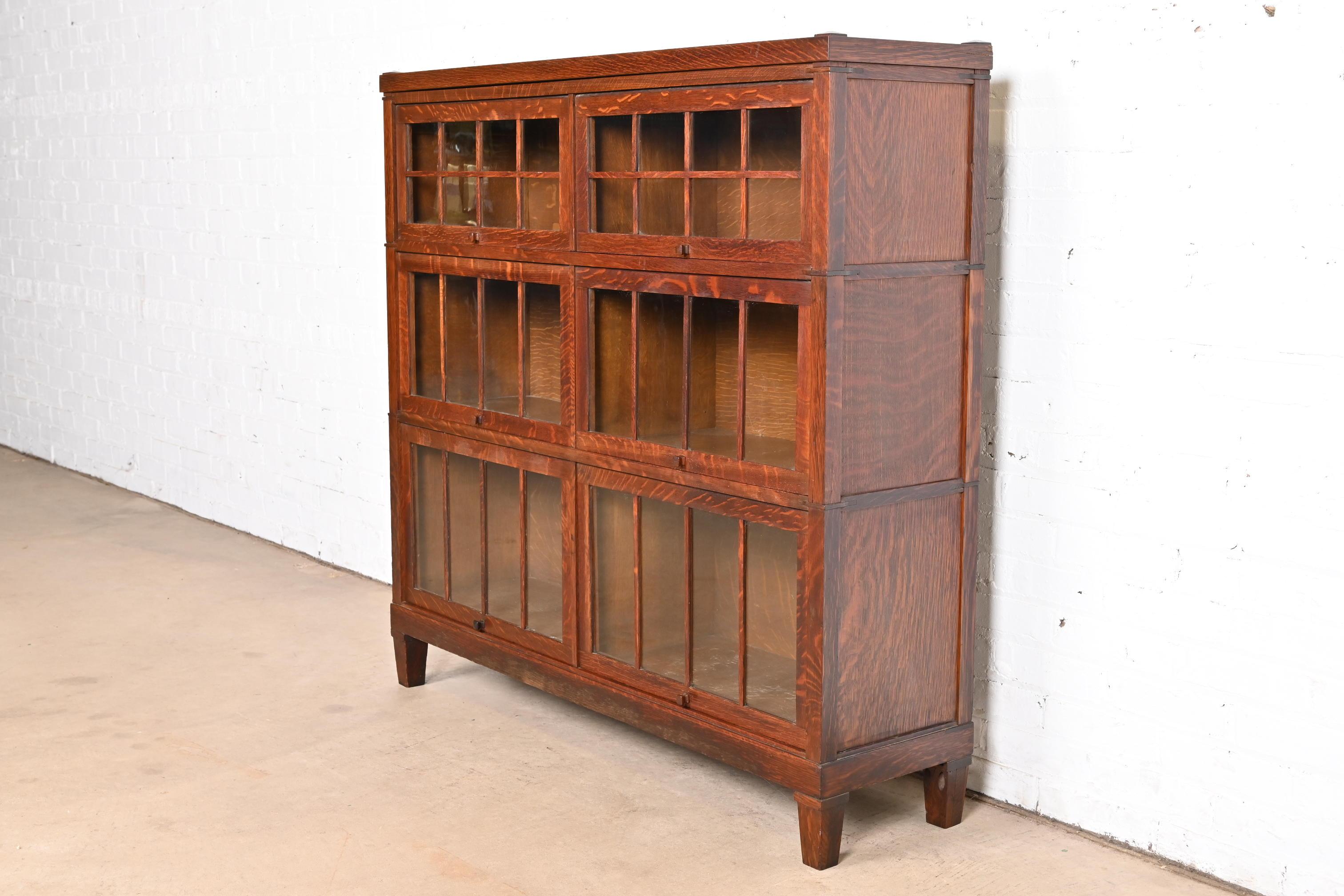 Arts and Crafts Antique Arts & Crafts Tiger Oak Three-Stack Double Barrister Bookcase by Macey
